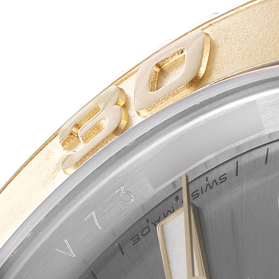 The image shows a close-up of the bezel and dial of a Rolex Yacht-Master 16623 Men
s Steel and Gold (two tone) Grey Dial 16623 Men
s Steel and Gold (two tone) Grey Dial watch, highlighting the "30" marker.