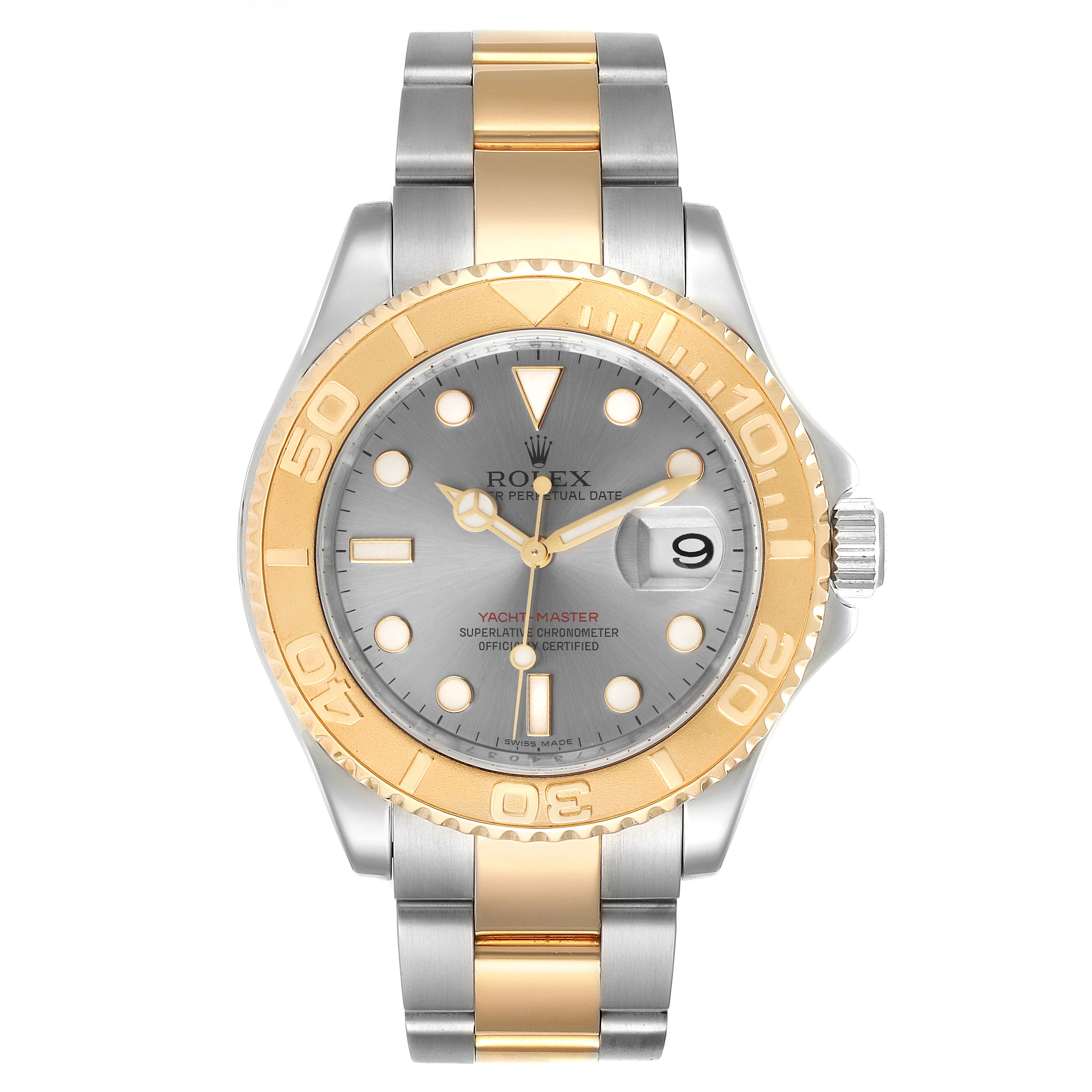 The image displays the front view of a Rolex Yacht-Master 16623 Men
s Steel and Gold (two tone) Grey Dial 16623 Men
s Steel and Gold (two tone) Grey Dial watch, highlighting its dial, bezel, and two-tone bracelet.