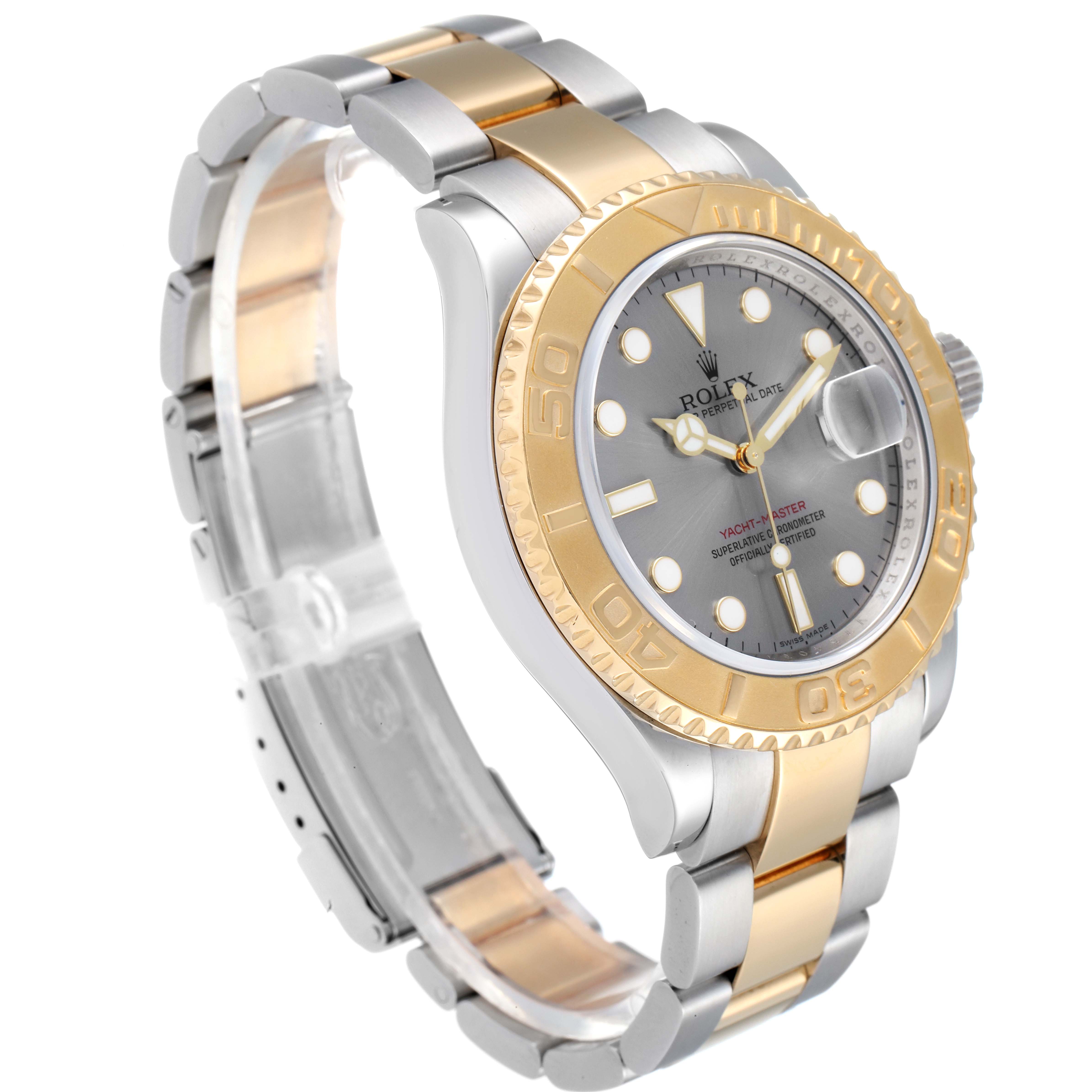 The Rolex Yacht-Master 16623 Men
s Steel and Gold (two tone) Grey Dial 16623 Men
s Steel and Gold (two tone) Grey Dial watch is shown at a three-quarter angle, highlighting the two-tone strap, grey dial, and gold bezel.