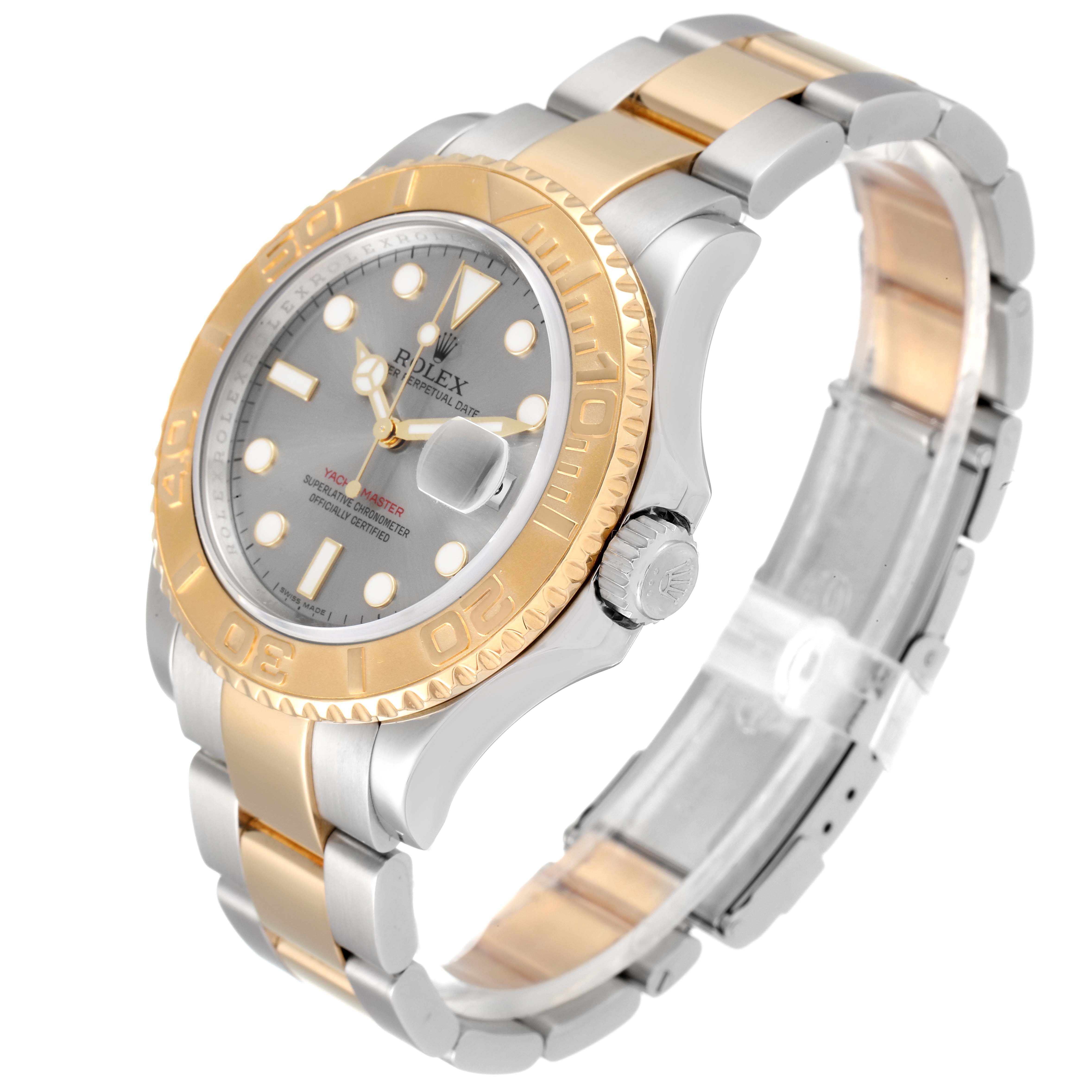The Rolex Yacht-Master 16623 Men
s Steel and Gold (two tone) Grey Dial 16623 Men
s Steel and Gold (two tone) Grey Dial watch is shown at a three-quarter angle, displaying the face, bezel, crown, and part of the bracelet.