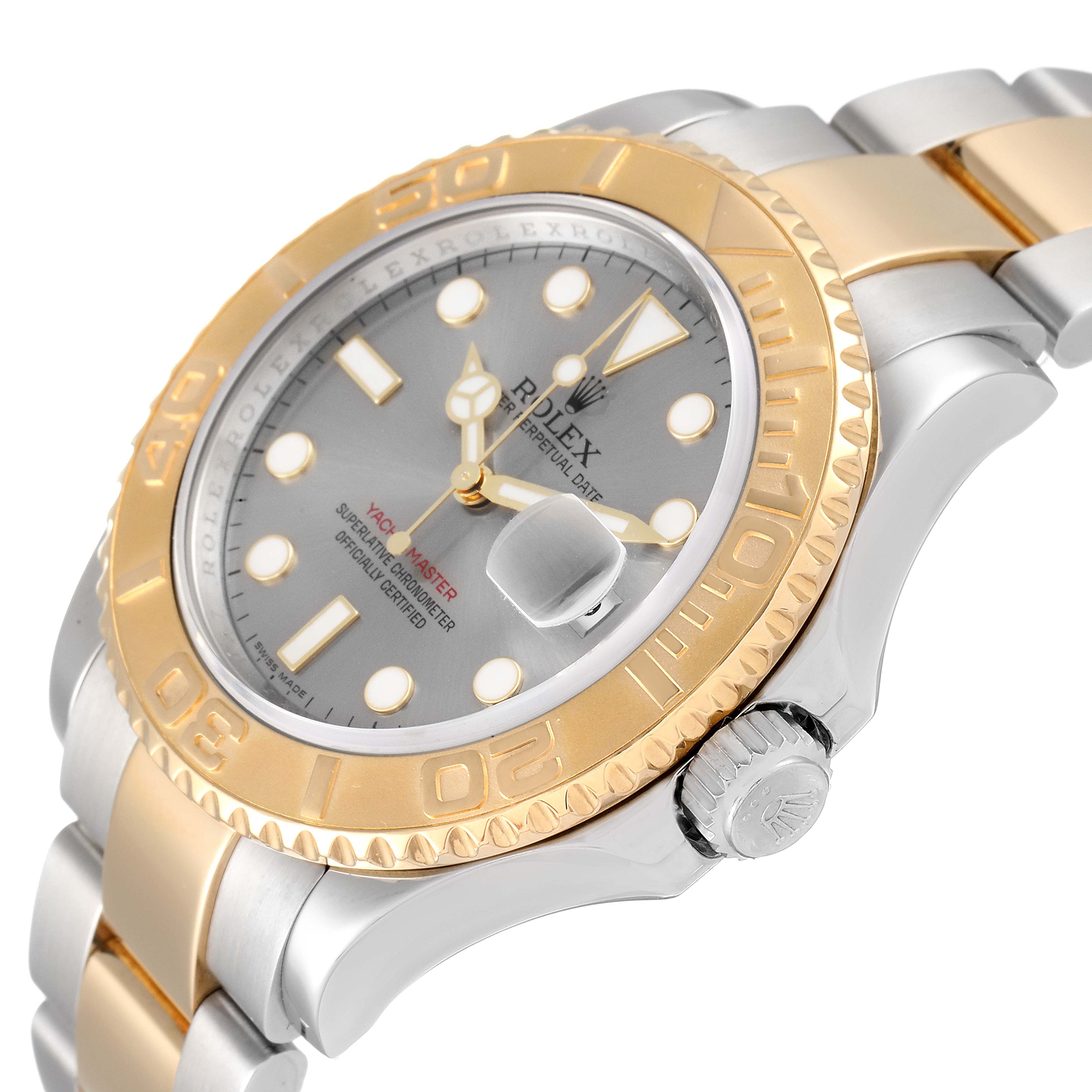 The image shows the Rolex Yacht-Master 16623 Men
s Steel and Gold (two tone) Grey Dial 16623 Men
s Steel and Gold (two tone) Grey Dial watch at an angle highlighting the face, bezel, and part of the bracelet.