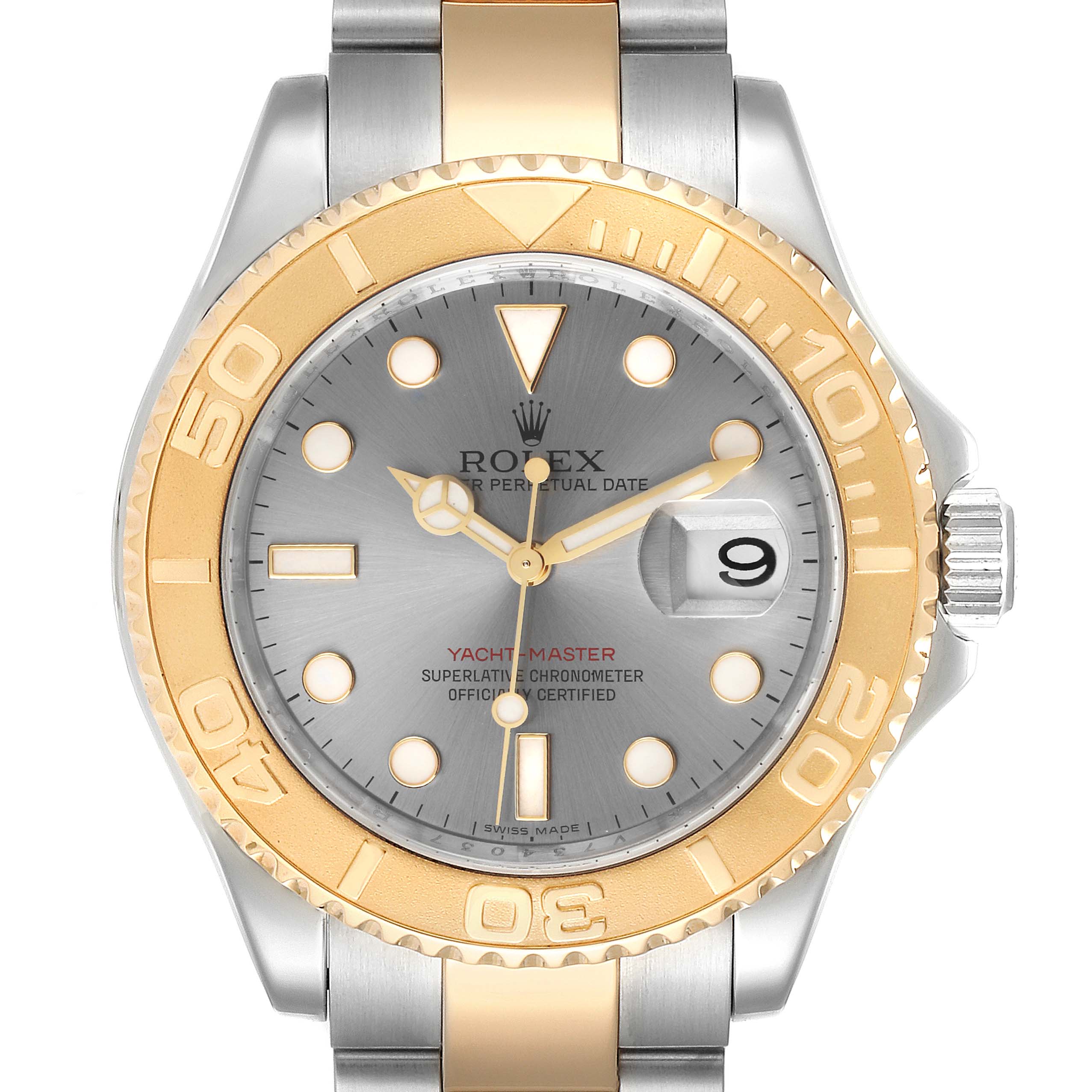 This image shows a Rolex Yacht-Master 16623 Men
s Steel and Gold (two tone) Grey Dial 16623 Men
s Steel and Gold (two tone) Grey Dial watch from a front angle, highlighting the face, bezel, and part of the bracelet.