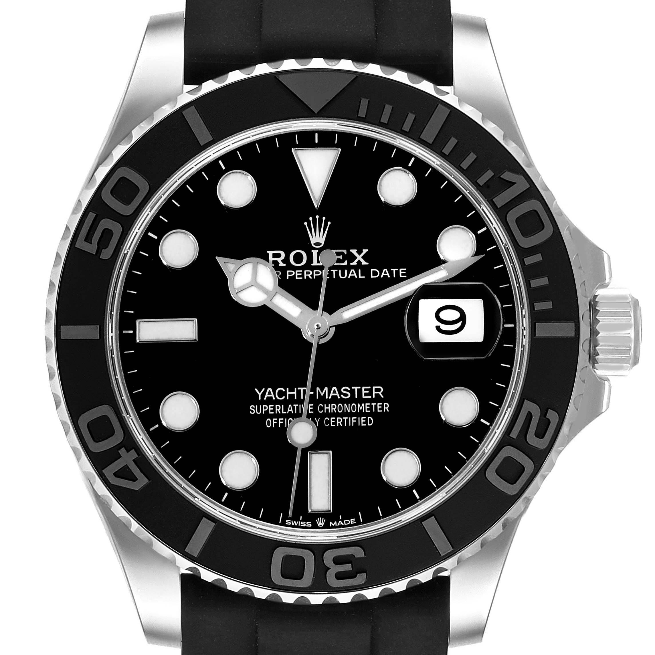 This image shows a front view of the Rolex Yacht-Master 226659 Men's White Gold Black Dial 226659 Men's White Gold Black Dial watch displaying its face, bezel, and part of the band.