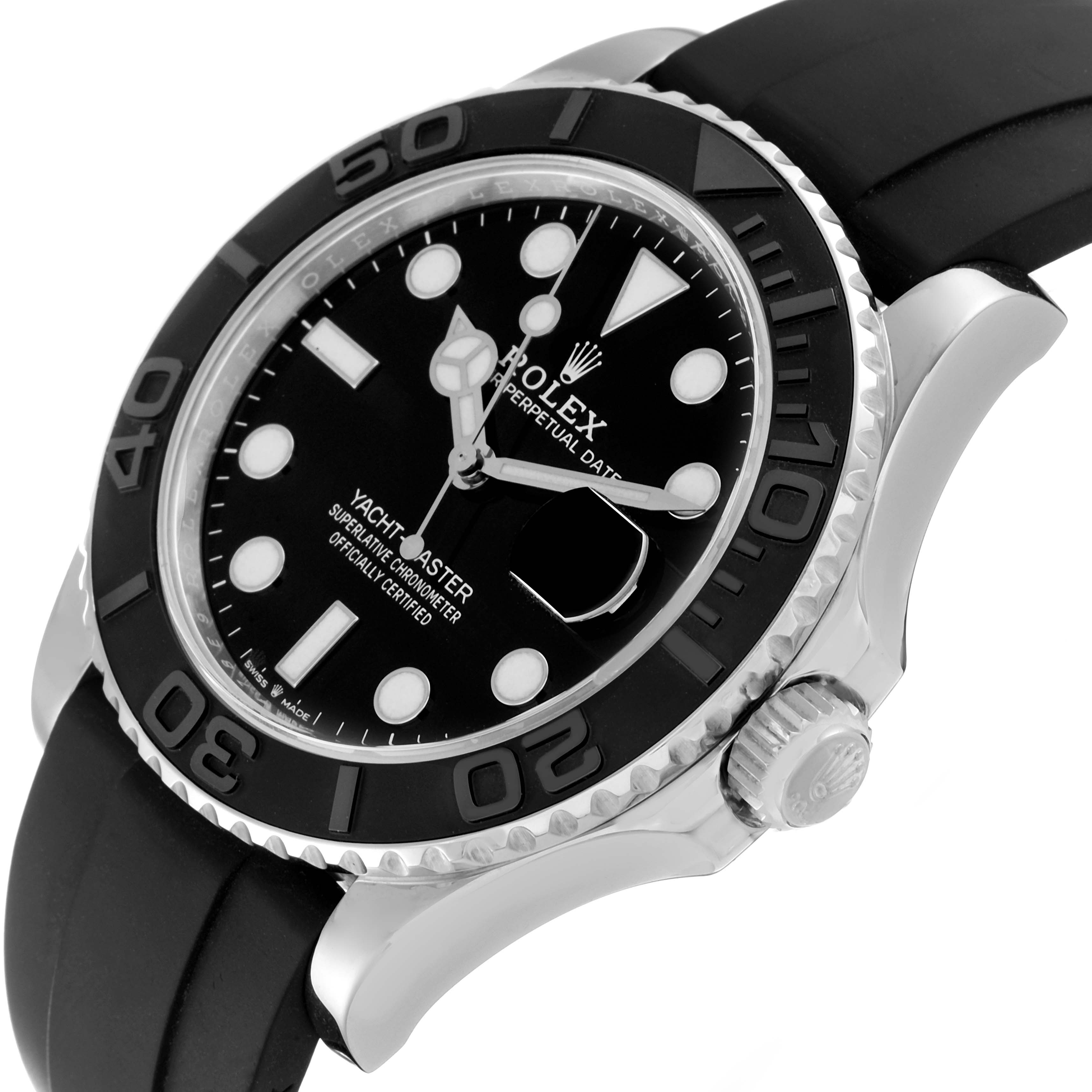 The Rolex Yacht-Master 226659 Men's White Gold Black Dial 226659 Men's White Gold Black Dial watch is shown at an angle displaying the face, bezel, crown, and band.