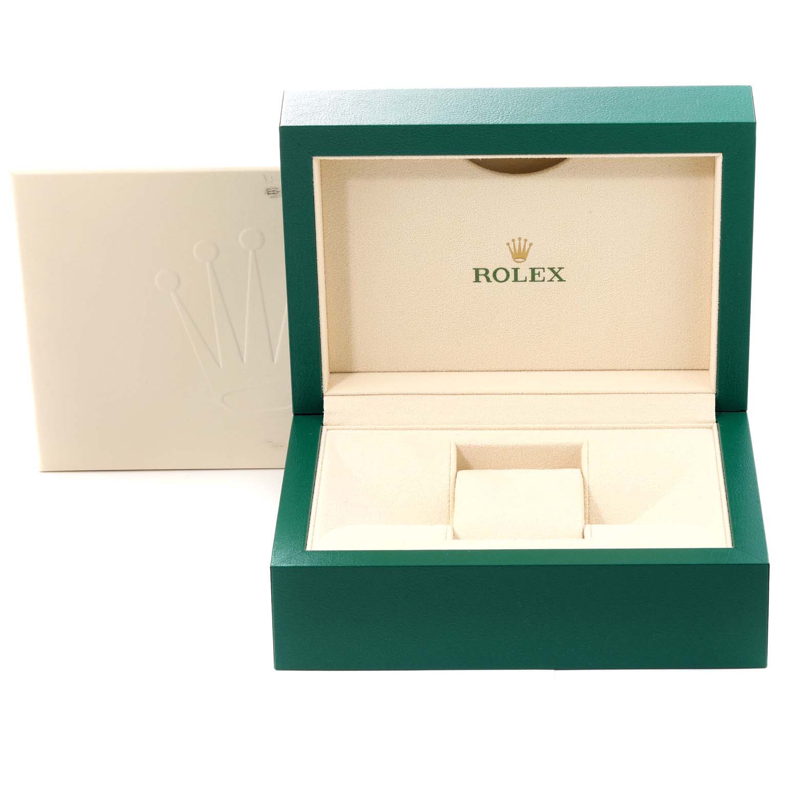 This is an open Rolex Yacht-Master 226659 Men's White Gold Black Dial 226659 Men's White Gold Black Dial watch box shown from a front angle, displaying its branding and internal compartments.