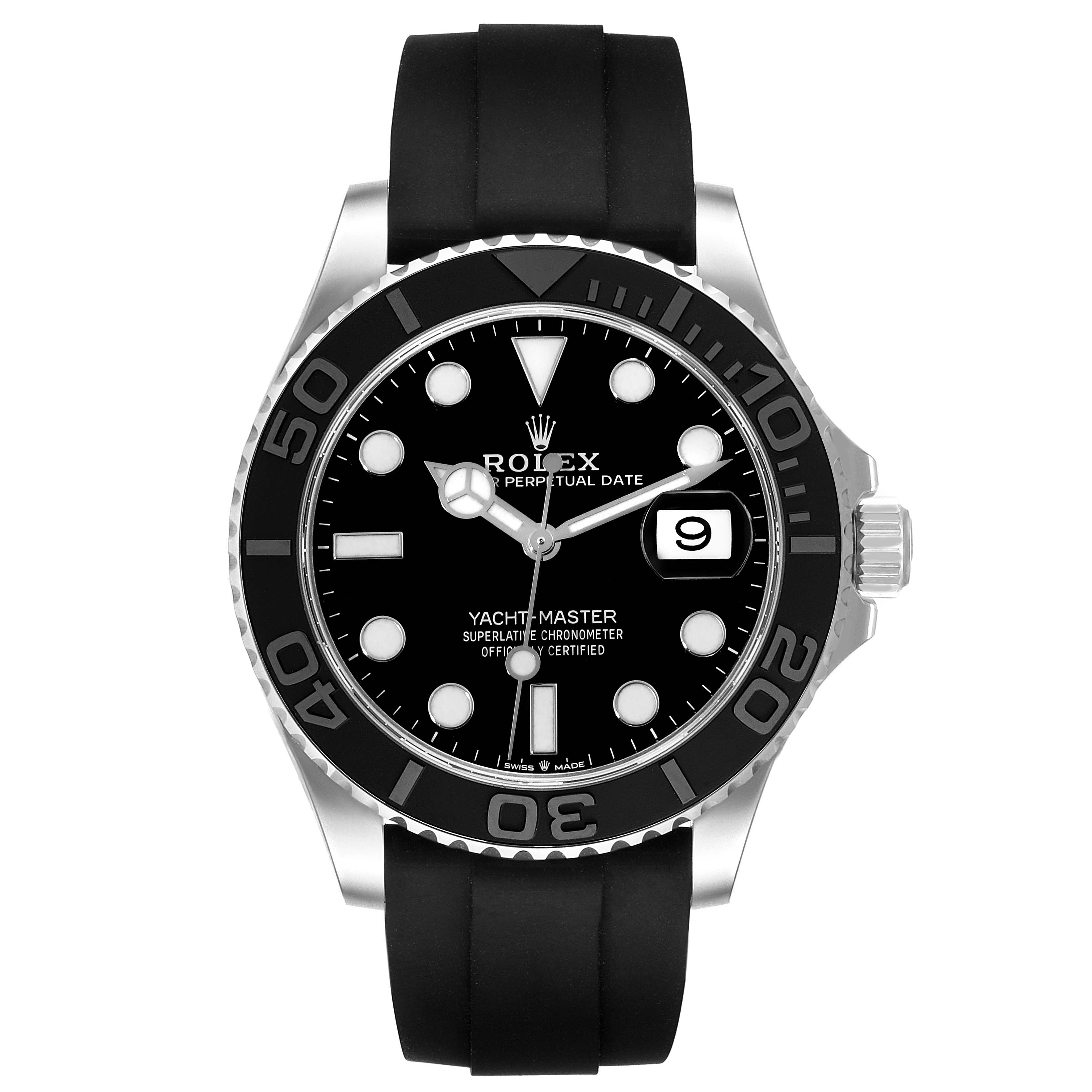 The image shows a front view of a Rolex Yacht-Master 226659 Men's White Gold Black Dial 226659 Men's White Gold Black Dial watch with a black dial, black bezel, and black rubber strap.