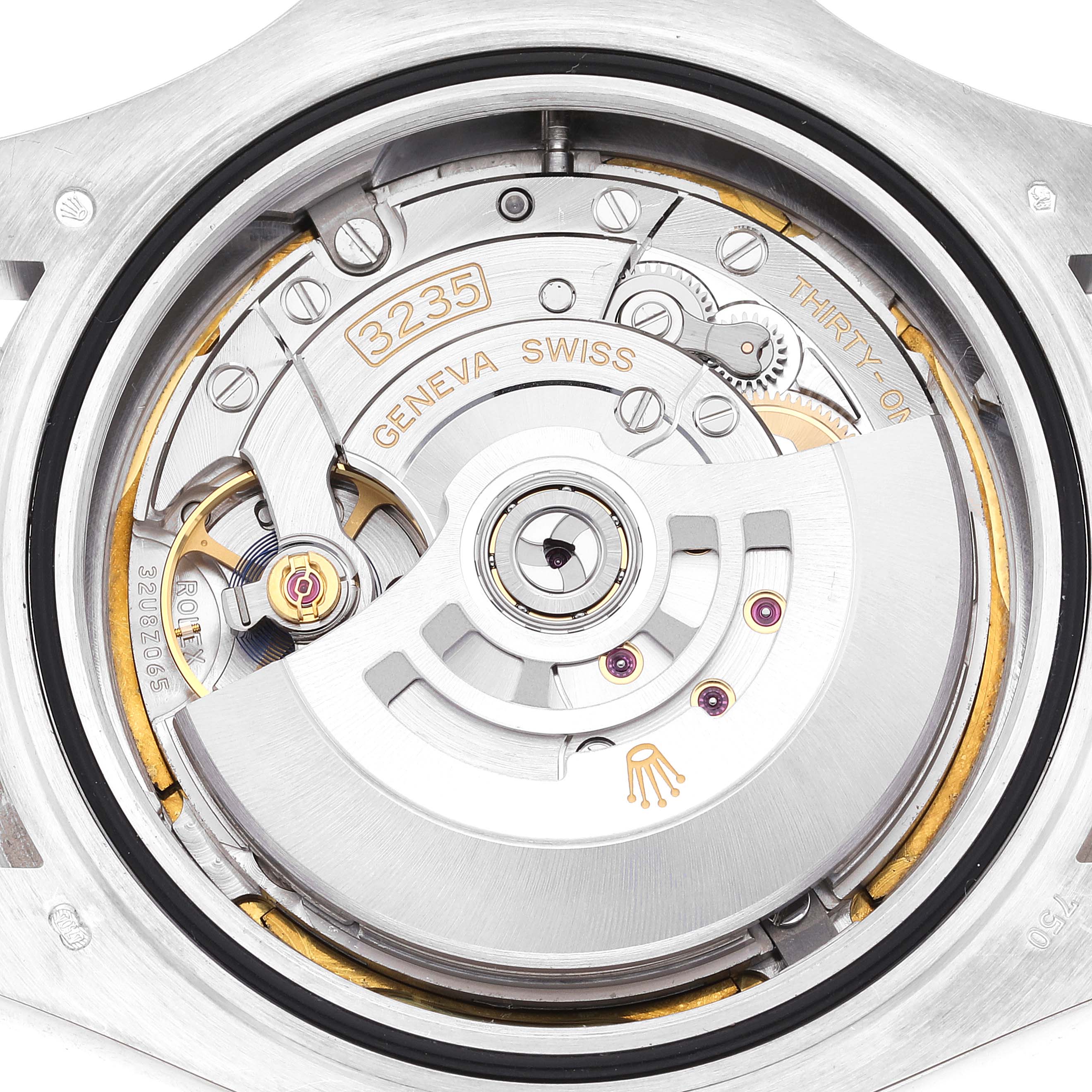 This is a close-up view of the movement of the Rolex Yacht-Master 226659 Men's White Gold Black Dial 226659 Men's White Gold Black Dial watch, showcasing the internal components and mechanism.