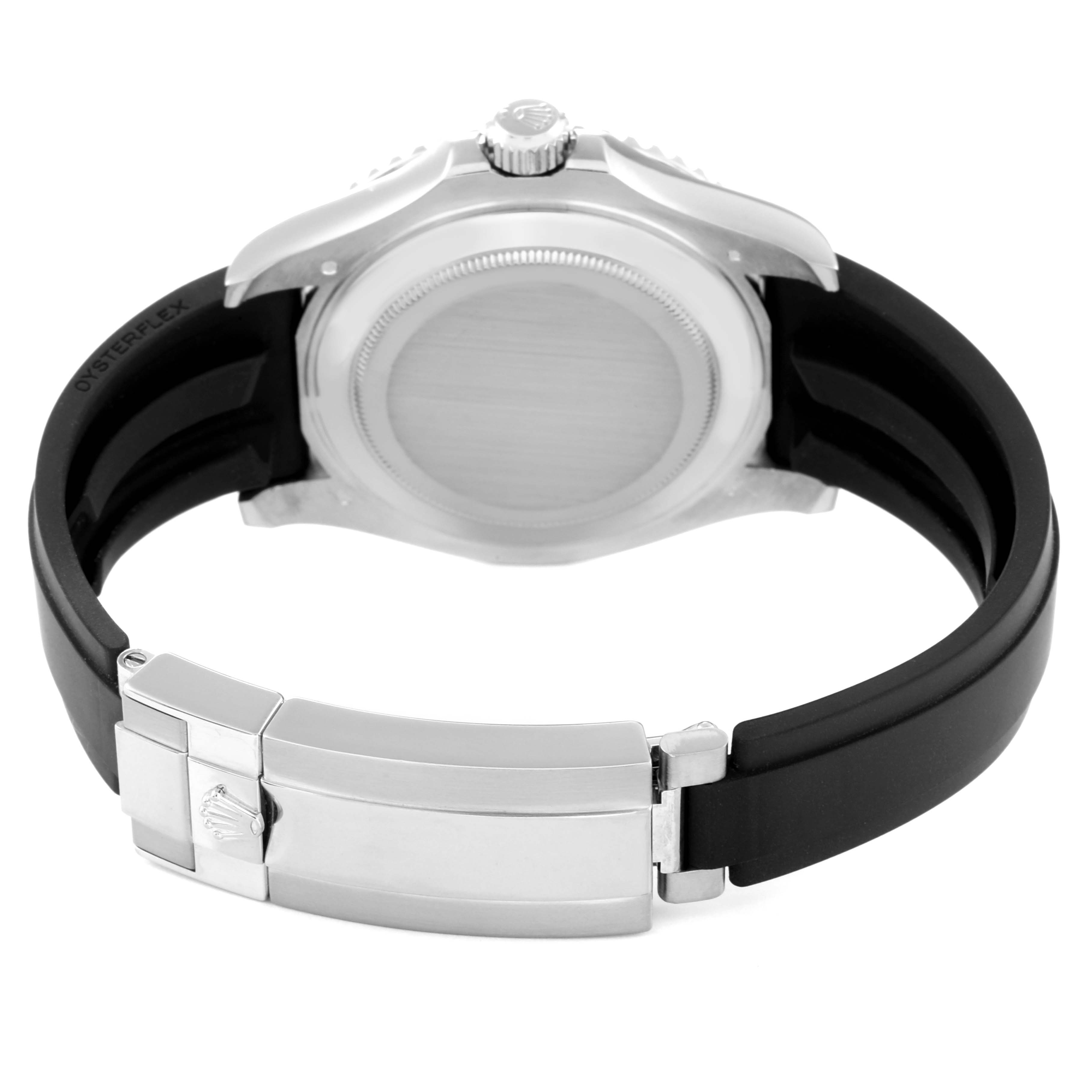 The back view of the Rolex Yacht-Master 226659 Men's White Gold Black Dial 226659 Men's White Gold Black Dial watch shows the case back, crown, and Oysterflex strap with a clasp.