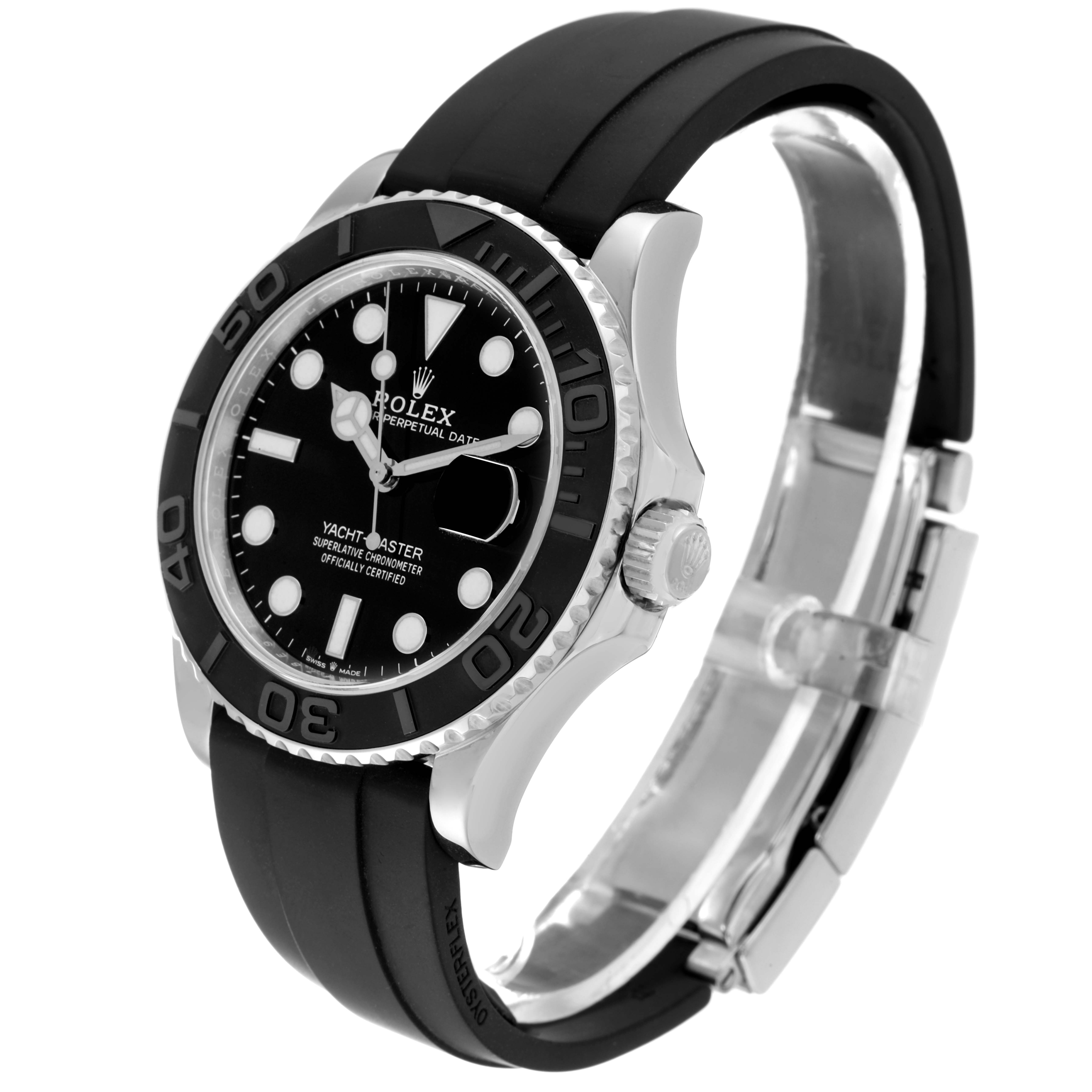 The Rolex Yacht-Master 226659 Men's White Gold Black Dial 226659 Men's White Gold Black Dial watch is shown at a three-quarter angle, displaying its black dial, bezel, and rubber strap.