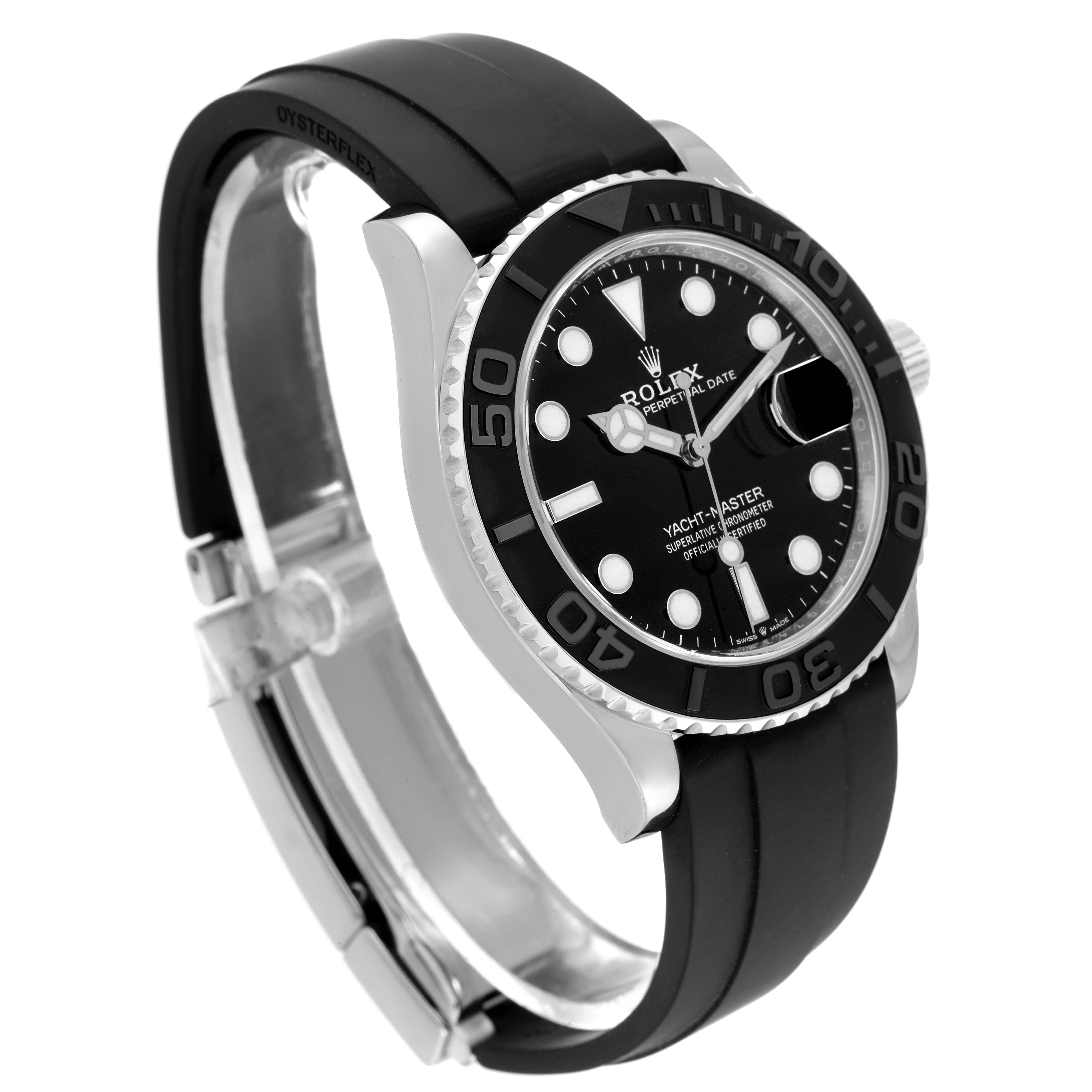 The image shows a side perspective of a Rolex Yacht-Master 226659 Men's White Gold Black Dial 226659 Men's White Gold Black Dial watch, highlighting the dial, bezel, and rubber strap.