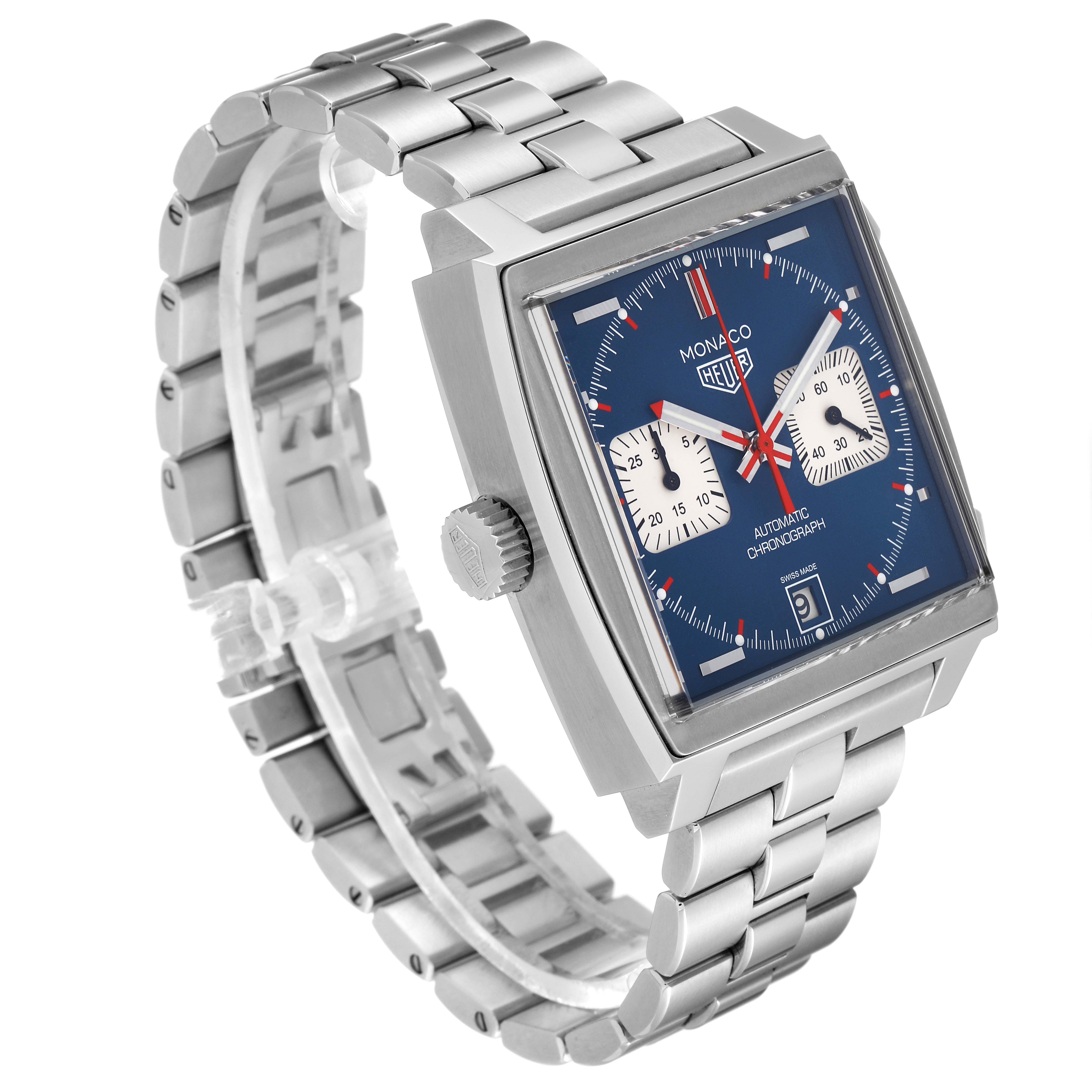 The image shows a side angle of the Tag Heuer Monaco CAW211P Men
s Stainless Steel Blue Dial CAW211P Men
s Stainless Steel Blue Dial watch, highlighting its square dial, crown, and stainless steel bracelet.