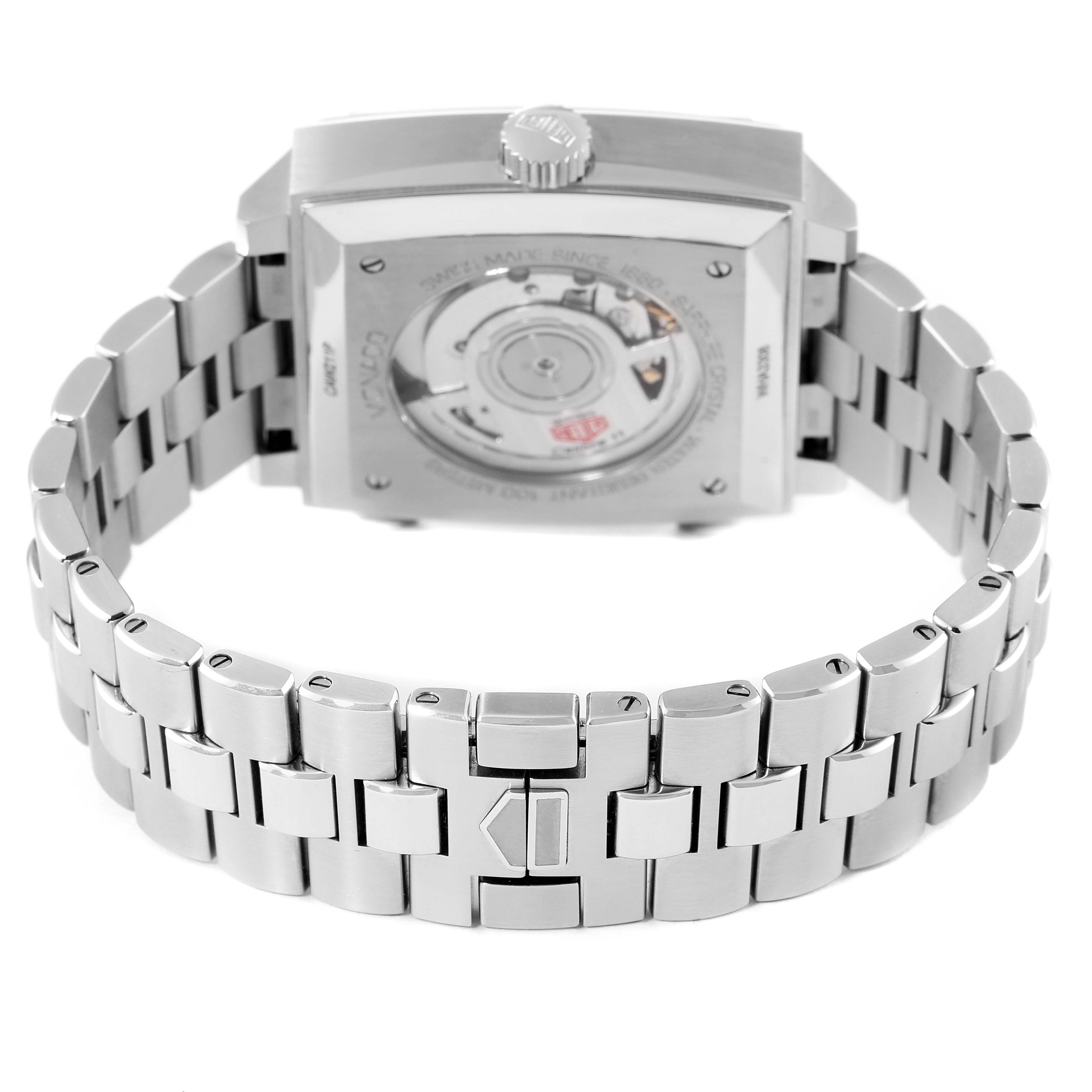 The image shows the back and bracelet of the Tag Heuer Monaco CAW211P Men
s Stainless Steel Blue Dial CAW211P Men
s Stainless Steel Blue Dial watch at an angled rear view.