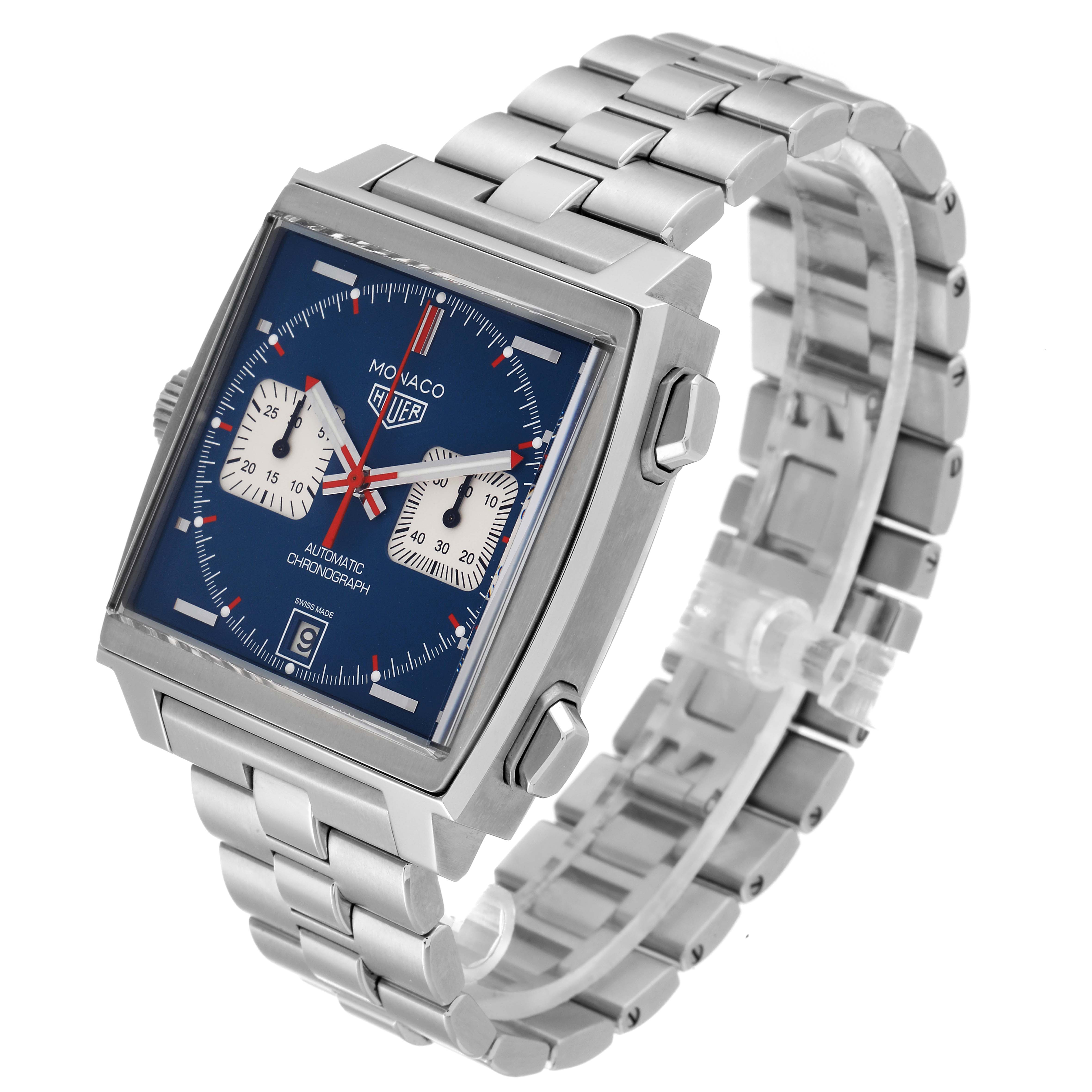 The image shows a three-quarter view of the Tag Heuer Monaco CAW211P Men
s Stainless Steel Blue Dial CAW211P Men
s Stainless Steel Blue Dial watch, highlighting its face, case, and bracelet.