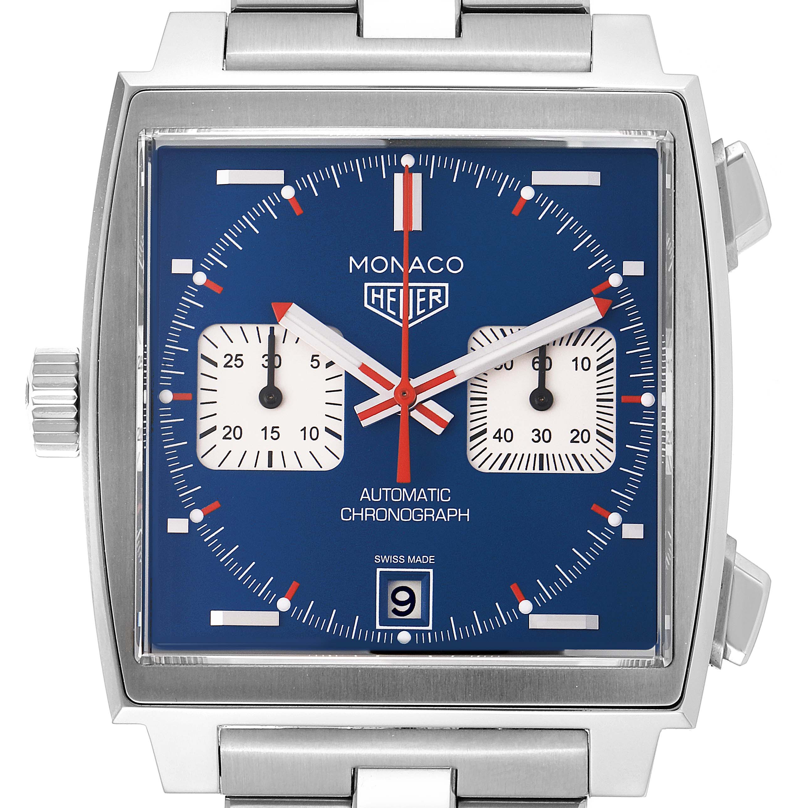 The image shows a front view of a Tag Heuer Monaco CAW211P Men
s Stainless Steel Blue Dial CAW211P Men
s Stainless Steel Blue Dial watch, displaying its blue square dial, date window, and sub-dials.