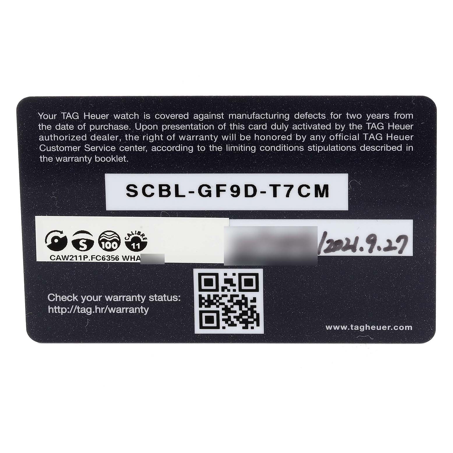 This image shows the warranty card for the Tag Heuer Monaco CAW211P Men
s Stainless Steel Blue Dial CAW211P Men
s Stainless Steel Blue Dial model watch.