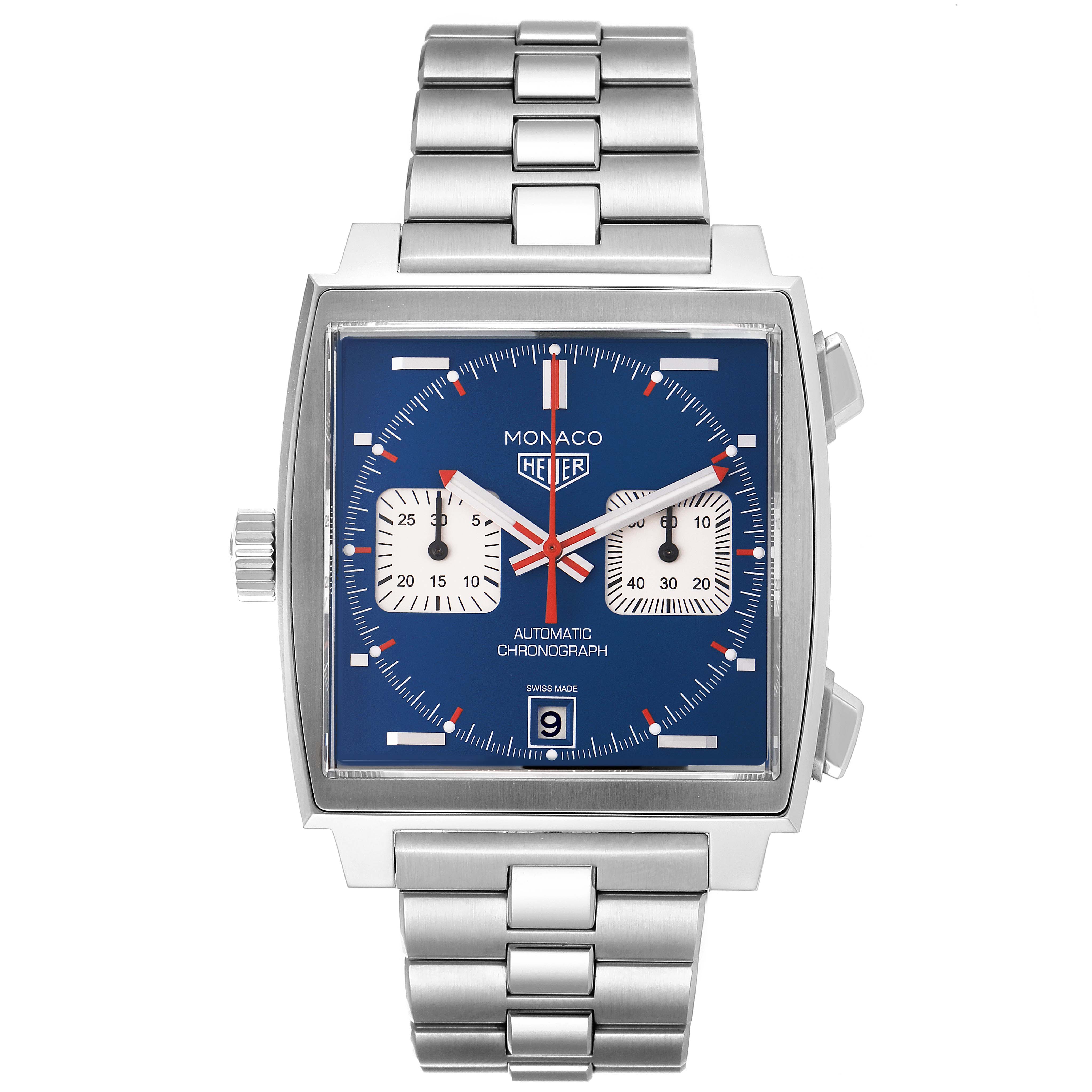 The image shows a front view of the Tag Heuer Monaco CAW211P Men
s Stainless Steel Blue Dial CAW211P Men
s Stainless Steel Blue Dial watch, featuring a blue dial and stainless steel bracelet.