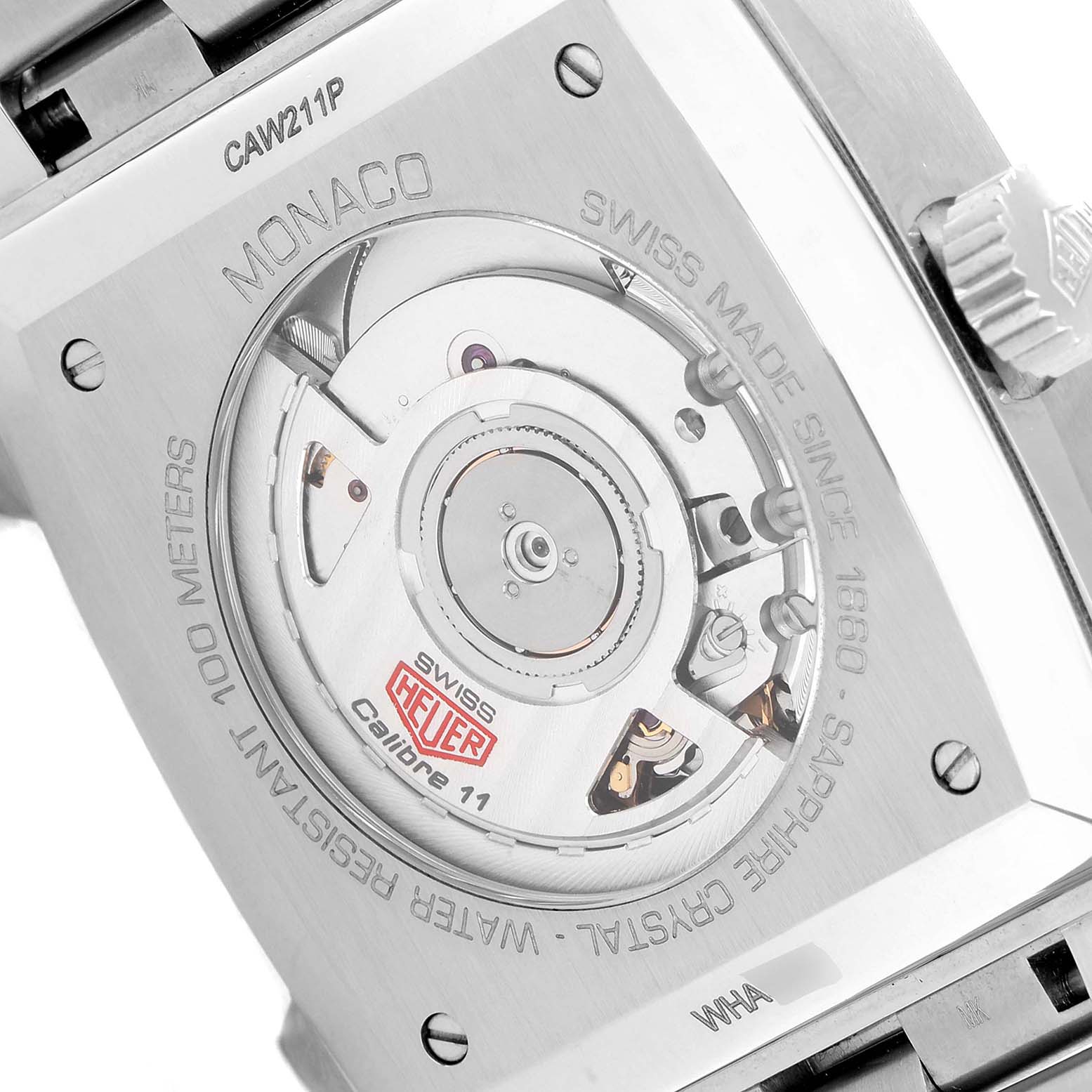 This image shows the case back of the Monaco model by Tag Heuer, highlighting its automatic movement.