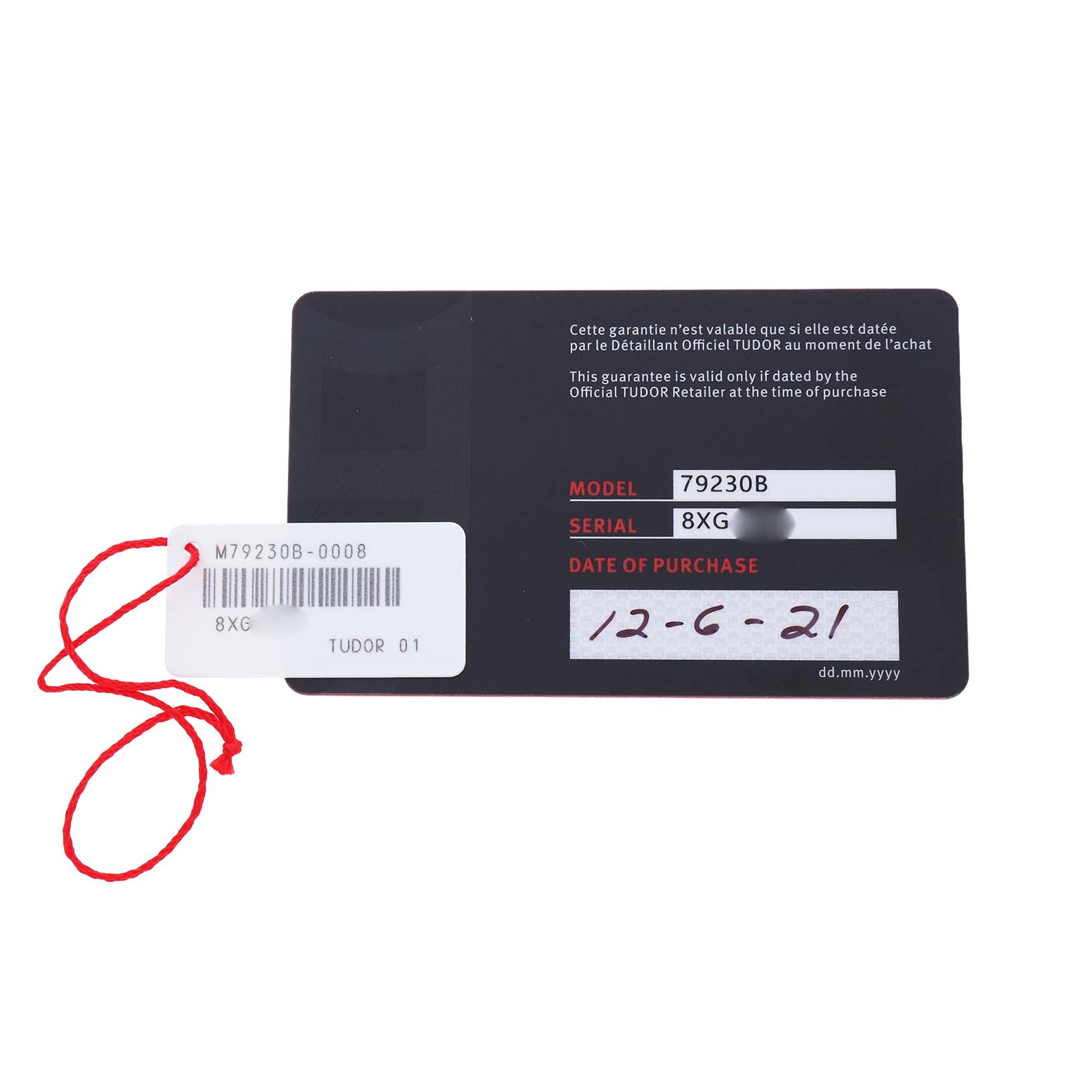 The image shows a warranty card for a Tudor Heritage Black Bay 79230B Men's Stainless Steel Black Dial, displaying model, serial, and purchase date.