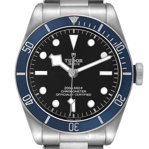 The image shows a front view of the Tudor Heritage Black Bay 79230B Men's Stainless Steel Black Dial watch, highlighting the dial, bezel, and crown.
