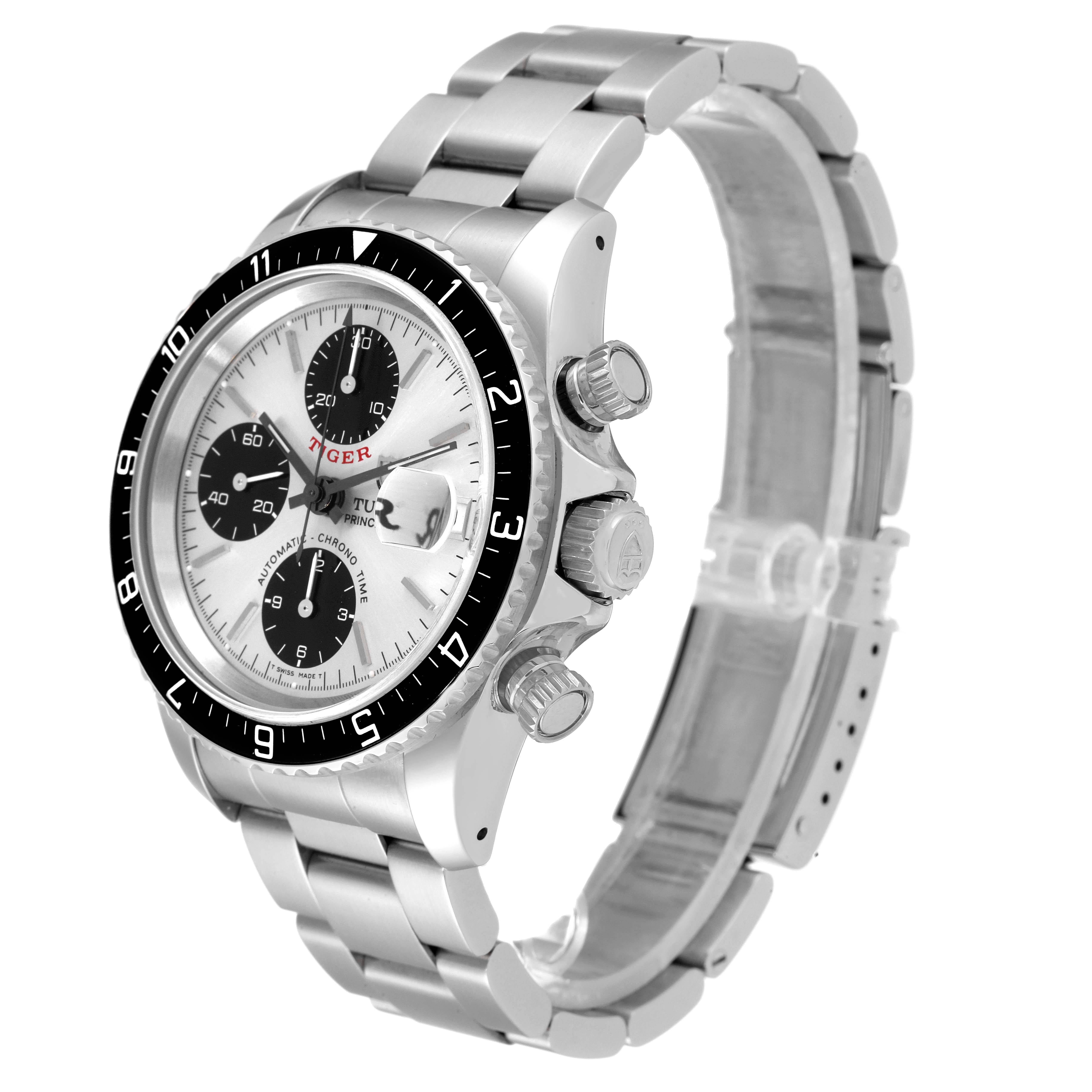 The Tudor Prince model watch is shown at a slight angle, displaying its face, bezel, crown, and bracelet.