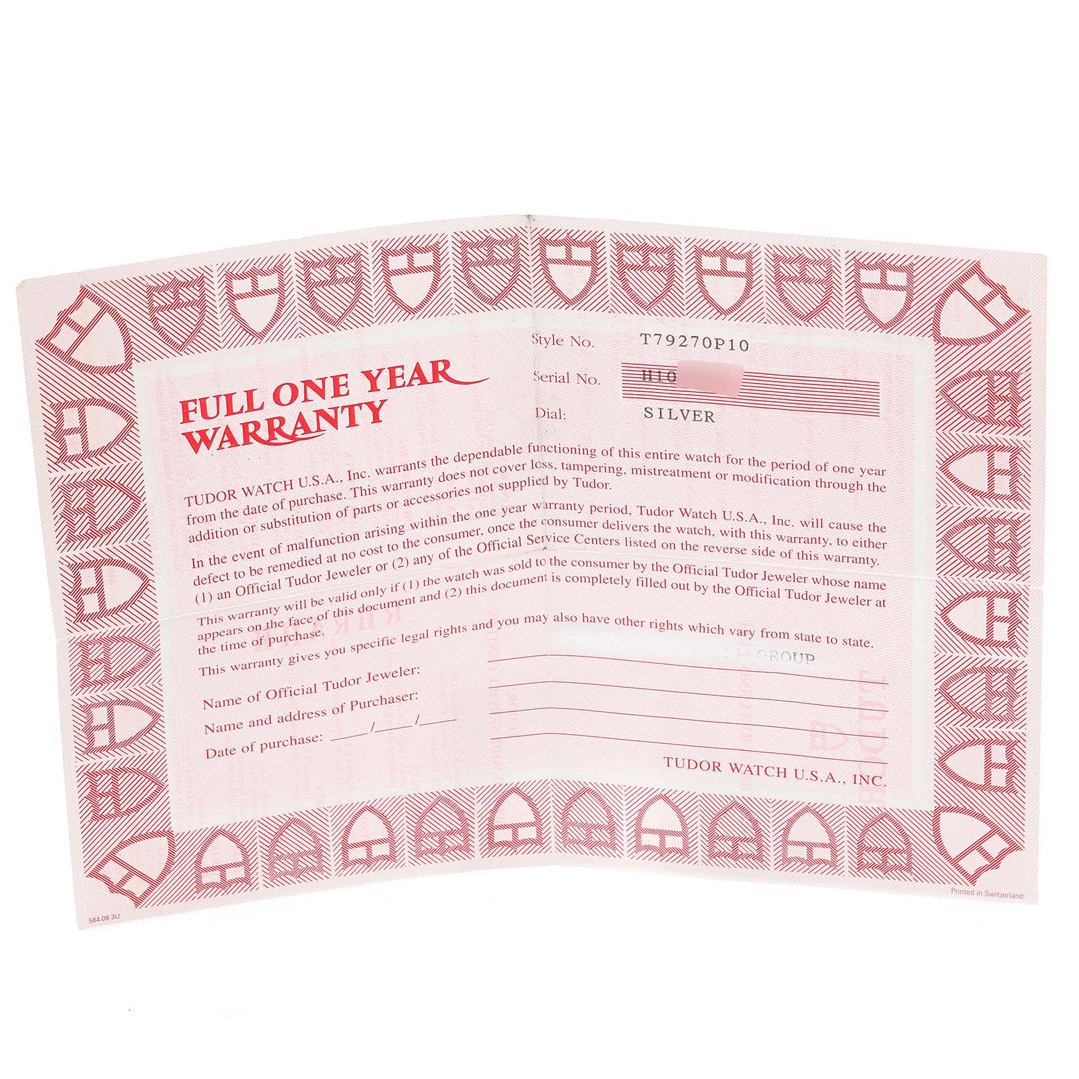 This is a full one-year warranty certificate for the Tudor Prince watch model, including style and serial number details.