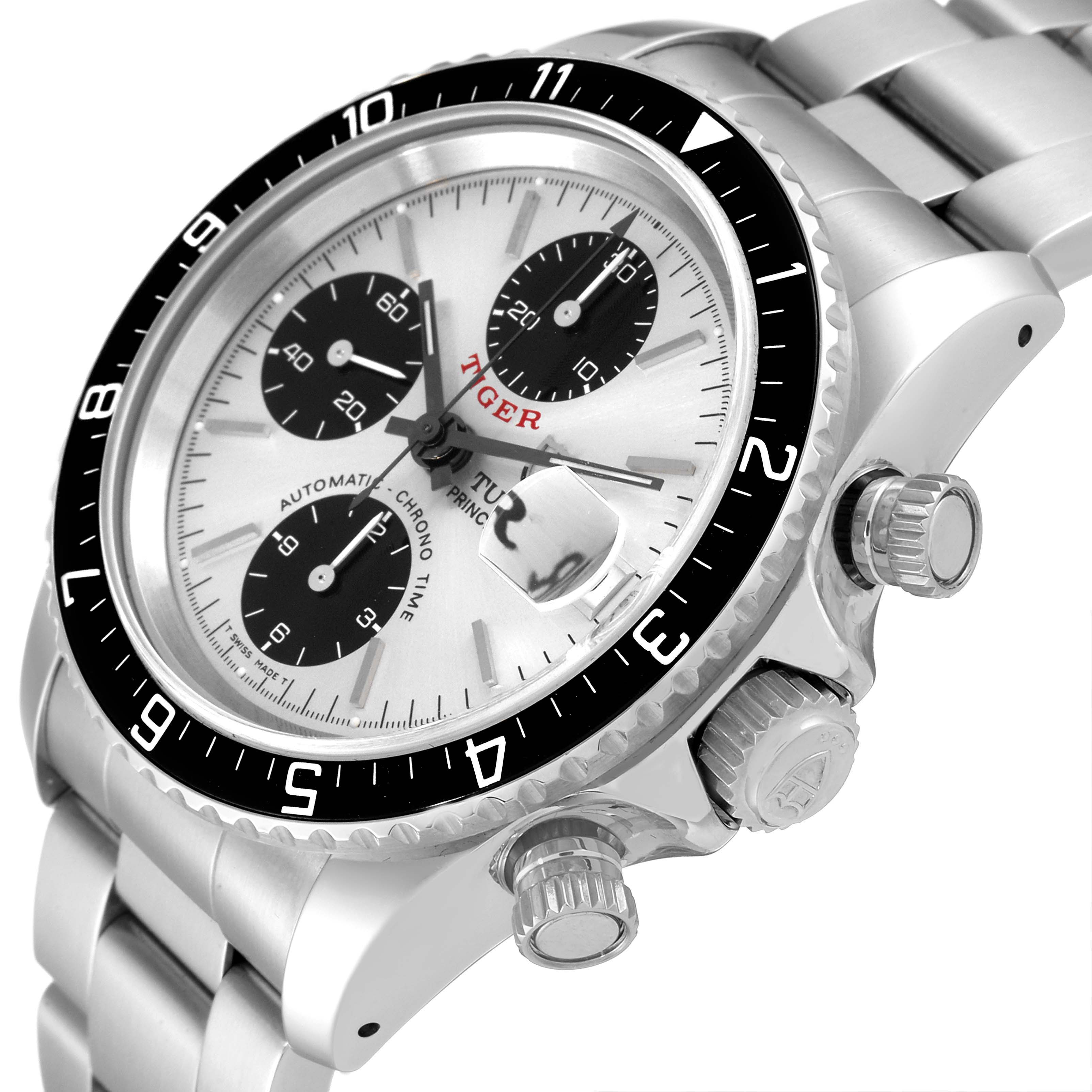 The image shows a Tudor Prince model watch at a 3/4 angle, highlighting the face, bezel, crown, and chronograph buttons.