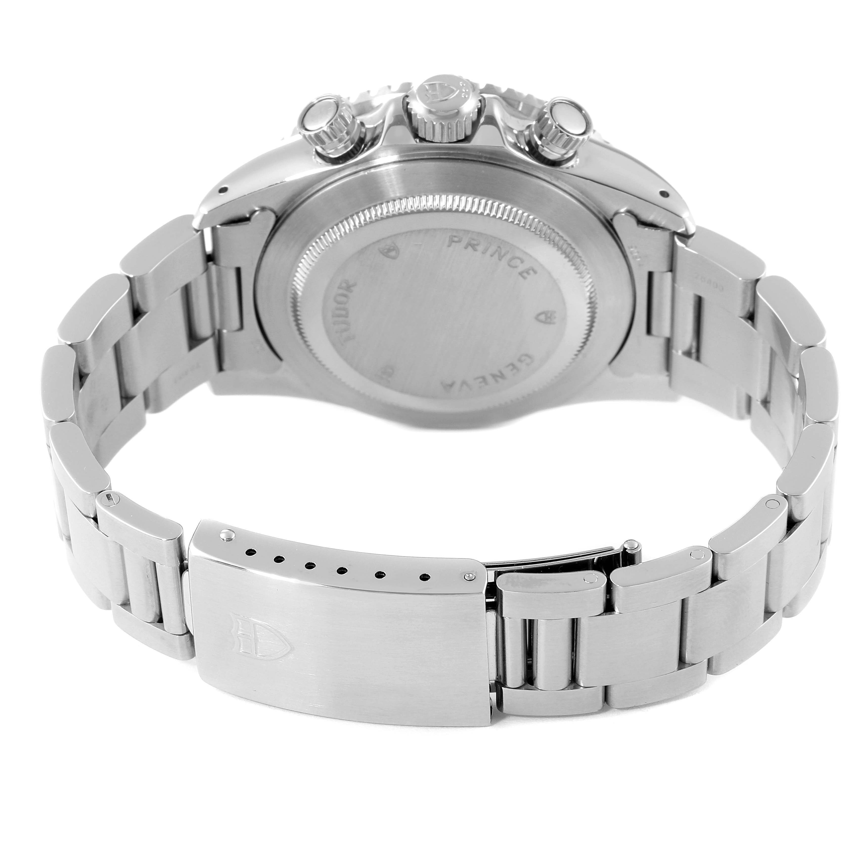 The image shows the back and bracelet clasp of a Tudor Prince model watch, viewed from a rear angle.