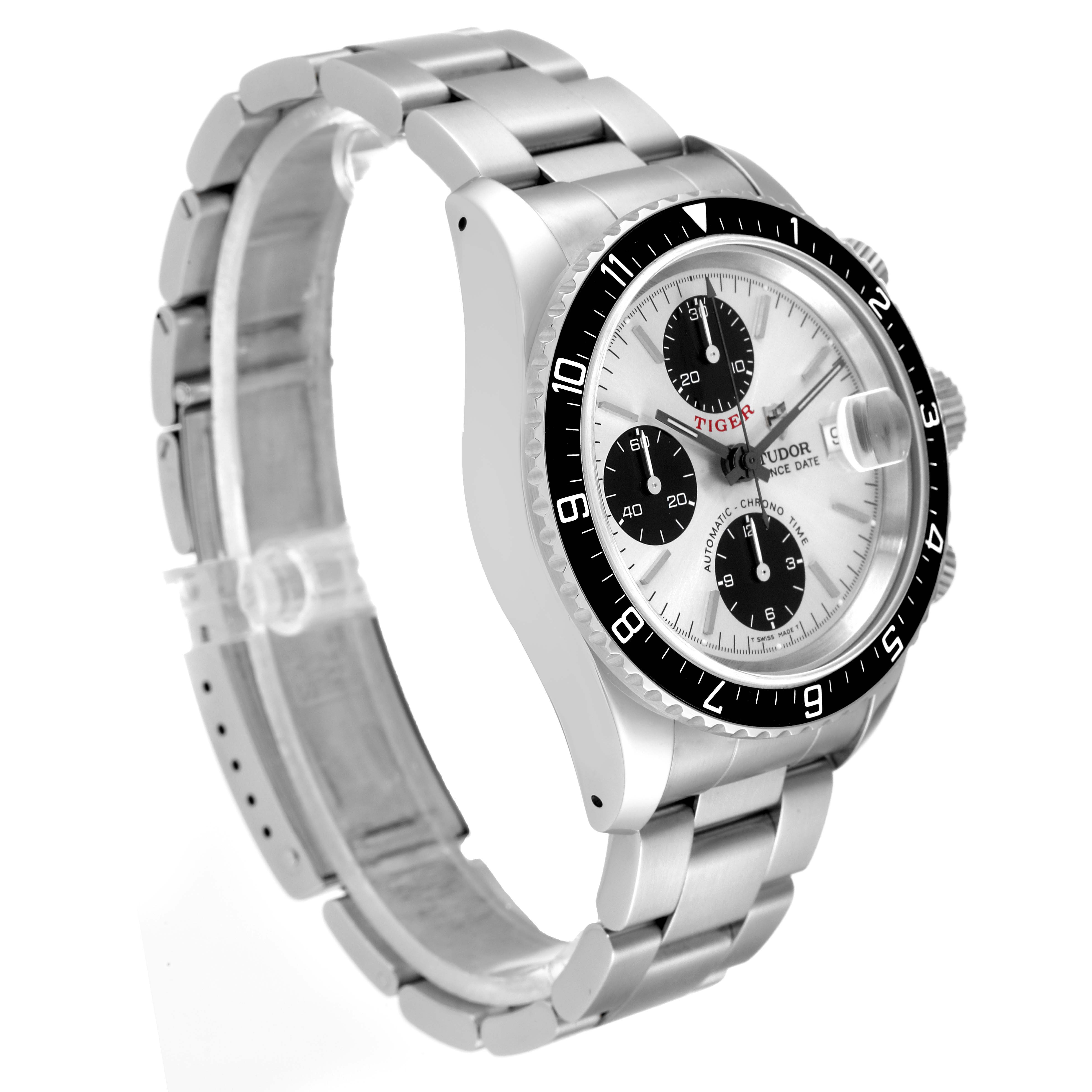 The image shows a side angle of the Tudor Prince model, highlighting its watch face, bezel, and stainless steel bracelet.