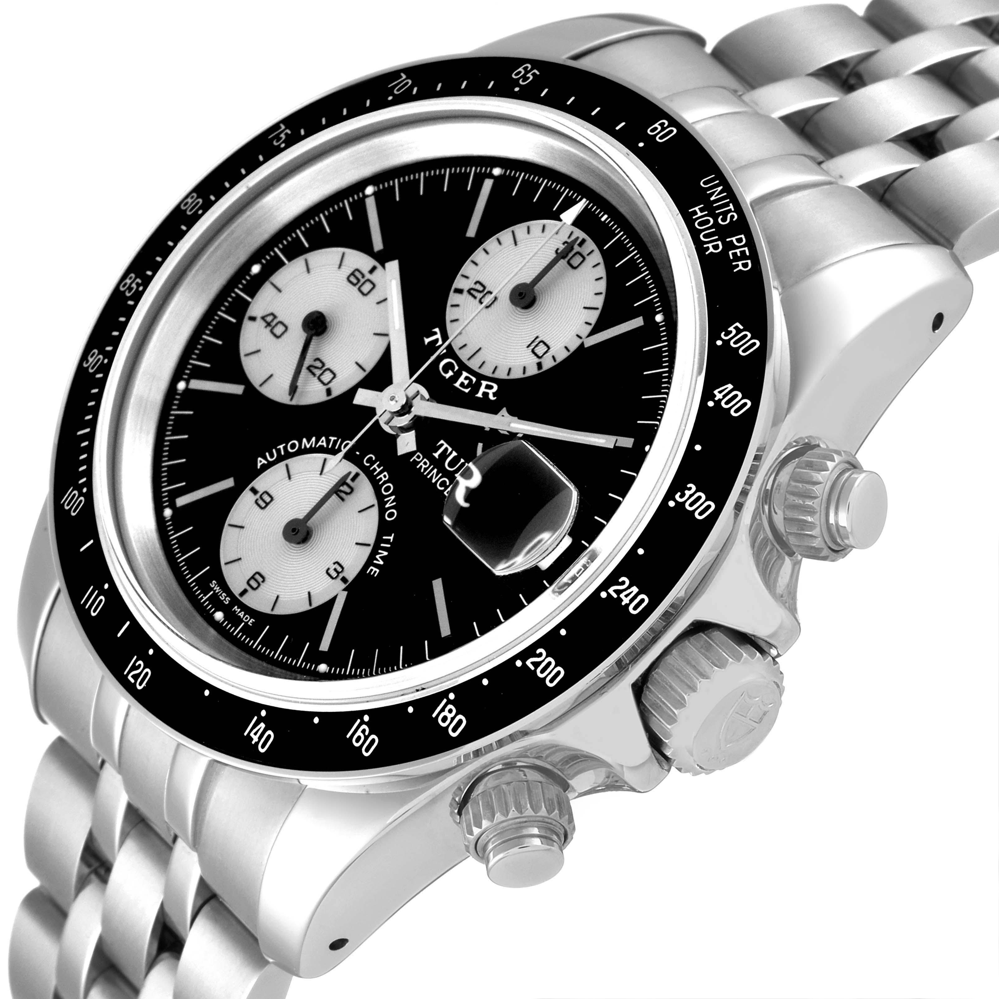 This image shows a close-up angle of a Tudor Prince model watch, highlighting the face, bezel, crown, and bracelet.