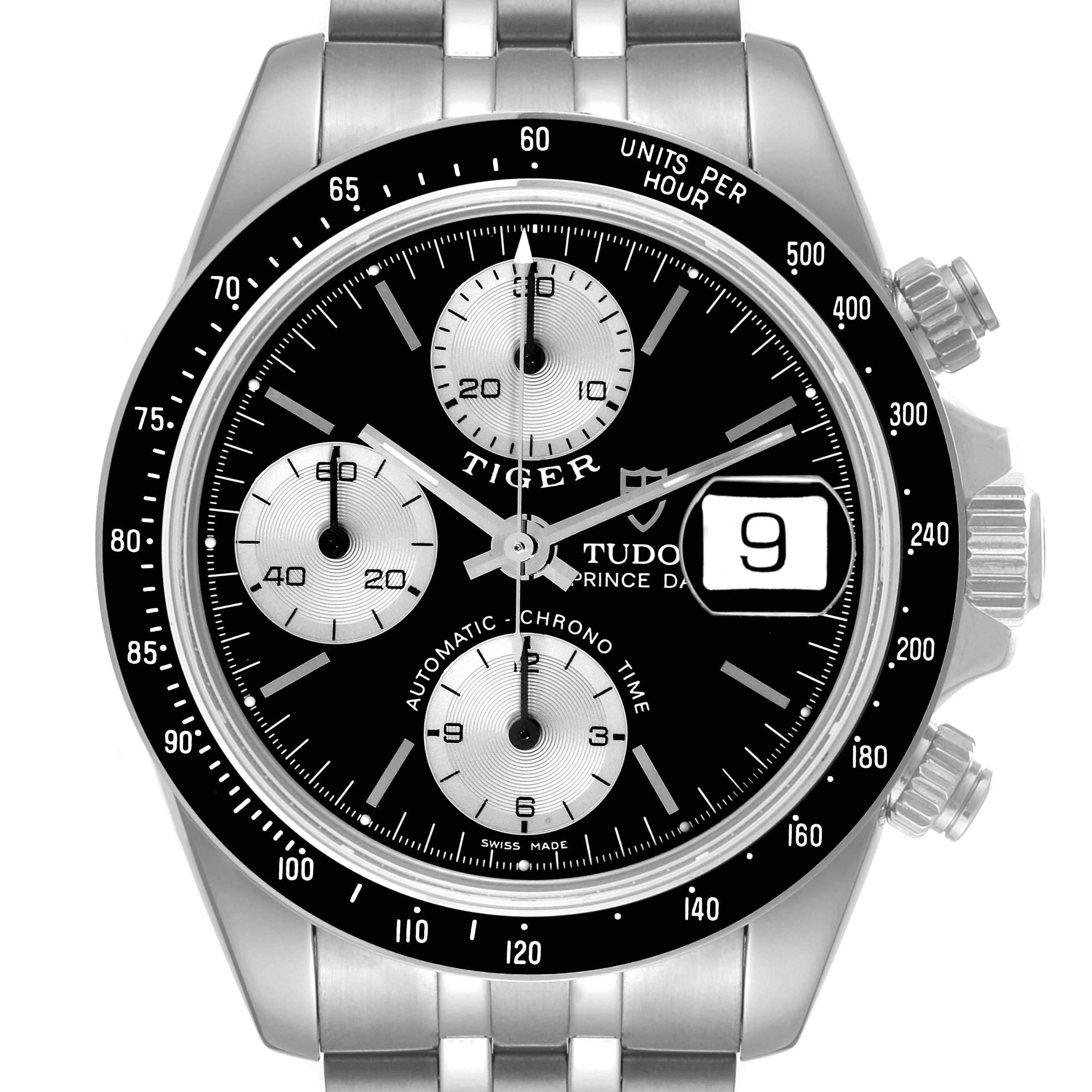 The image shows a front view of the Tudor Tiger 79260 Men's Stainless Steel Black Dial 79260 Men's Stainless Steel Black Dial model watch, highlighting the dial, hands, subdials, bezel, and date window.