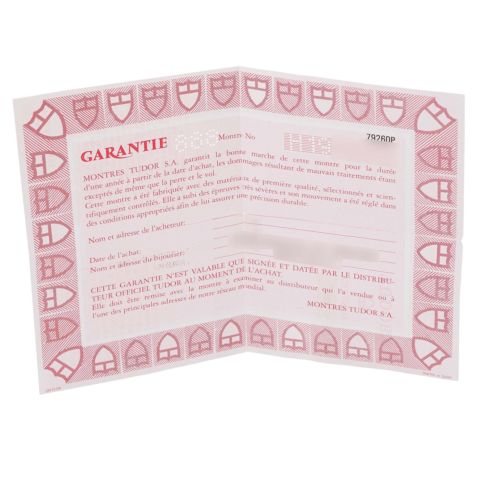 The image shows an open warranty certificate for the Tudor Prince model watch, displayed at a slight angle.