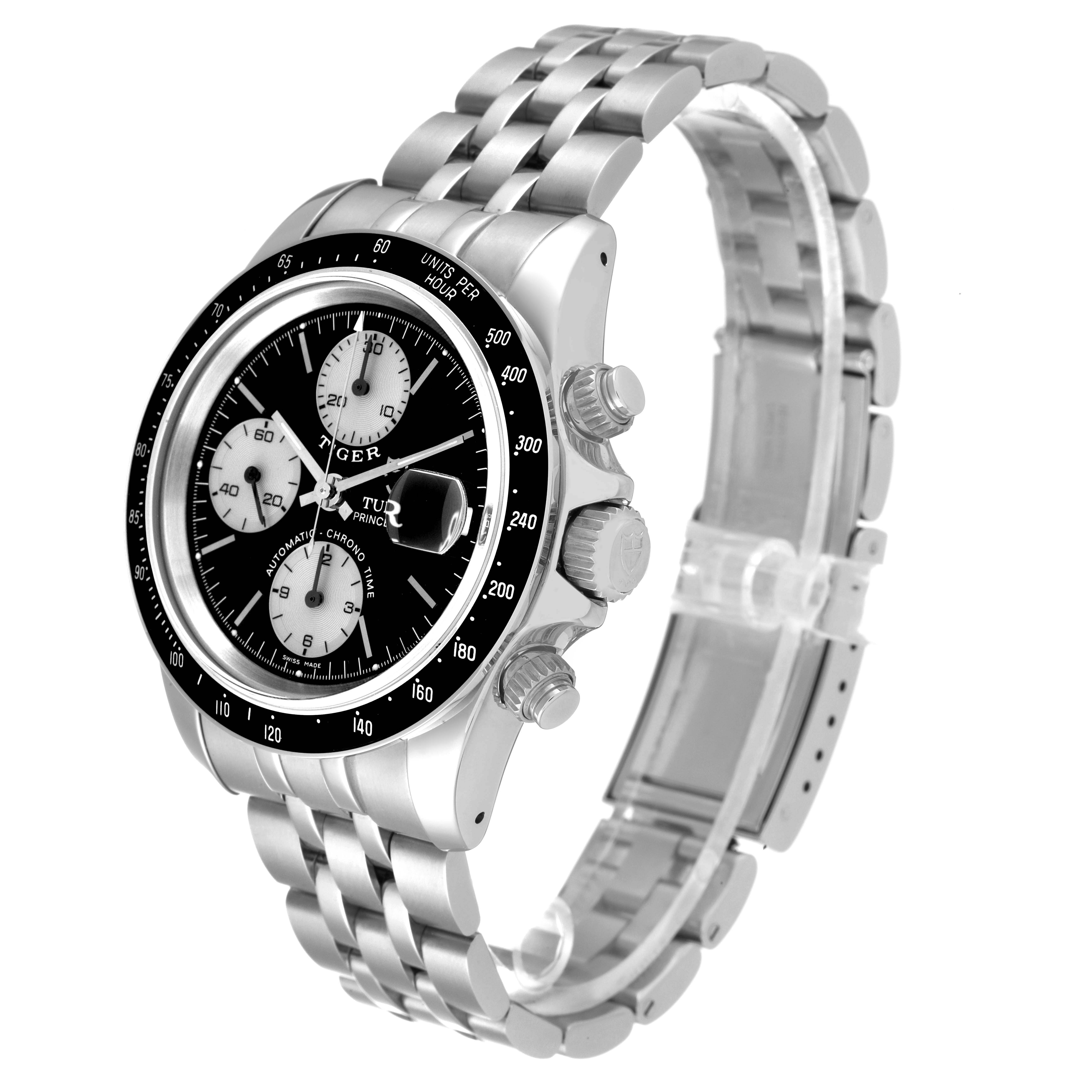 The Tudor Prince model watch is shown at a three-quarter angle, highlighting the dial, chronograph buttons, and bracelet.