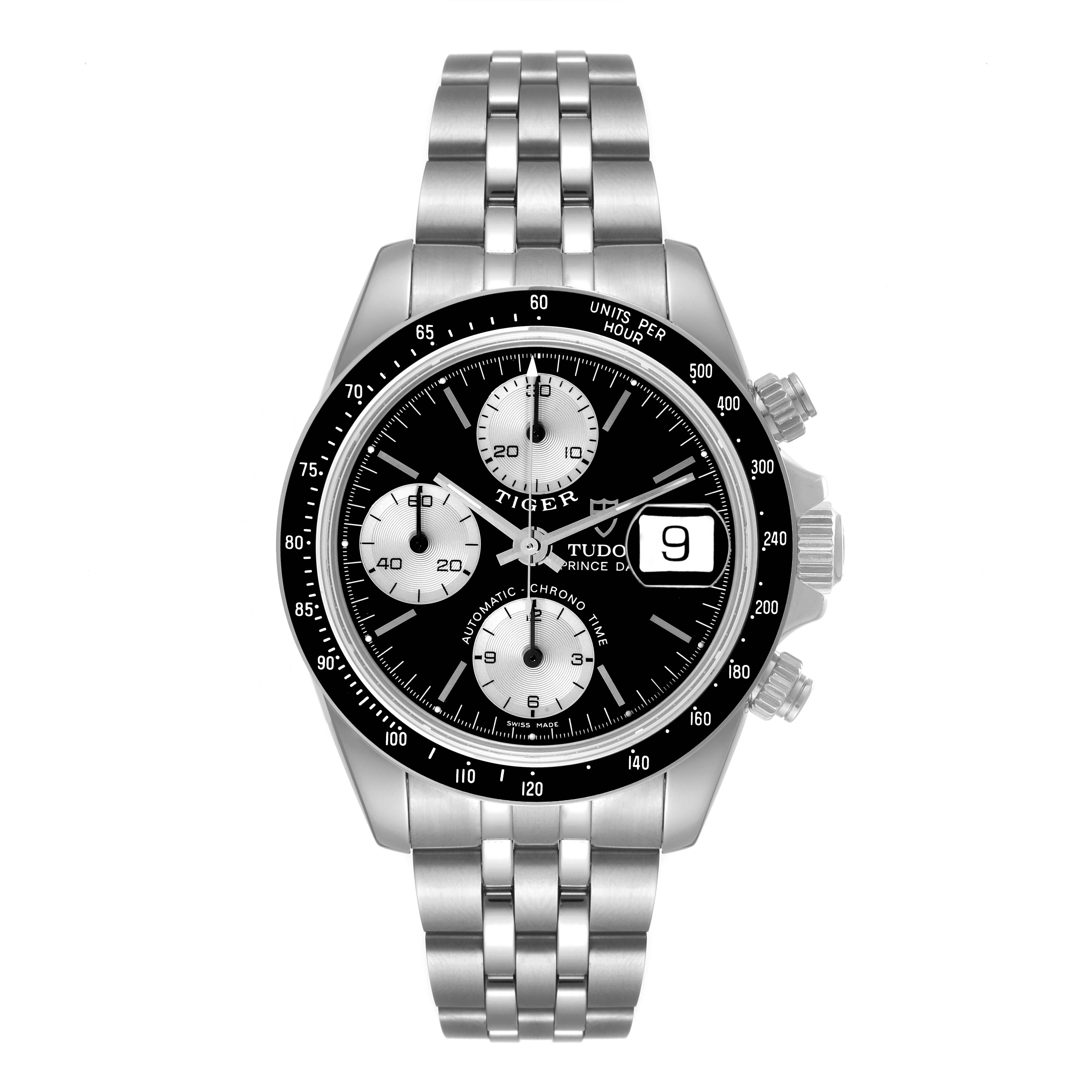 The image shows a front view of a Tudor Prince model watch, featuring a black dial, date display, and chronograph sub-dials.