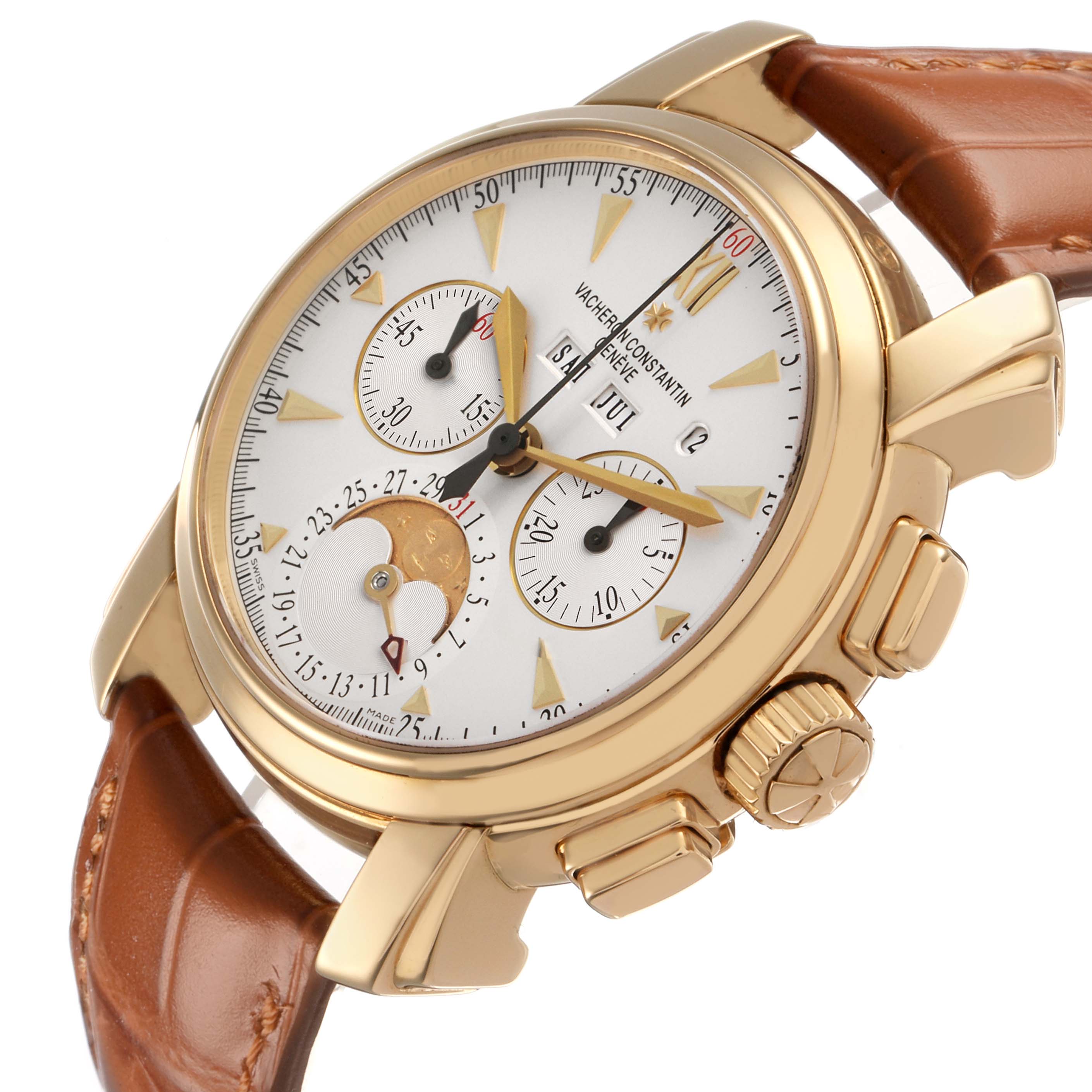 The Vacheron Constantin Malte 47112/000J Men's Yellow Gold Silver Dial watch is shown at a slight angle, highlighting the dial, subdials, crown, and leather strap.
