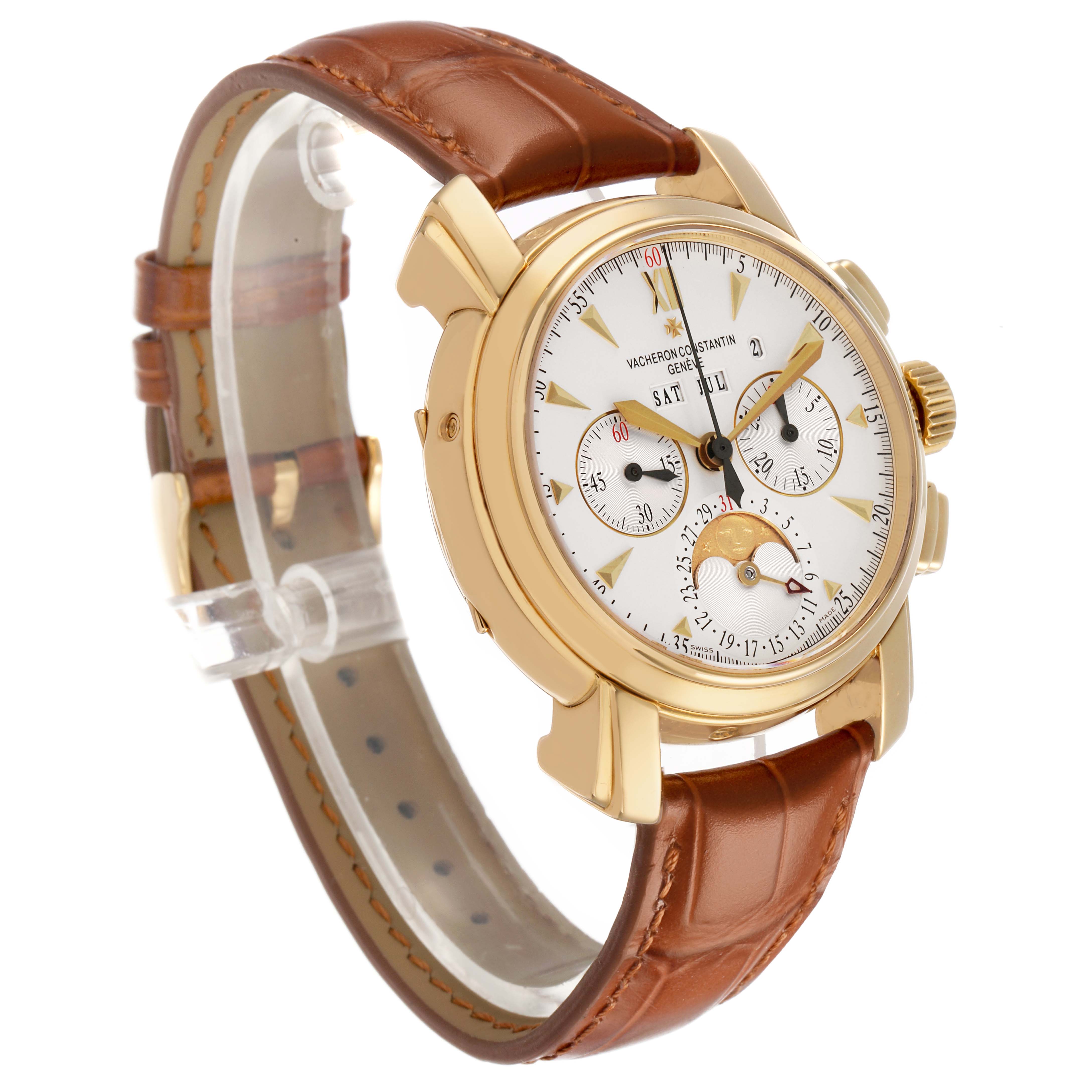 The Vacheron Constantin Malte 47112/000J Men's Yellow Gold Silver Dial watch is shown at a three-quarter angle, highlighting the face, gold case, and brown leather strap.