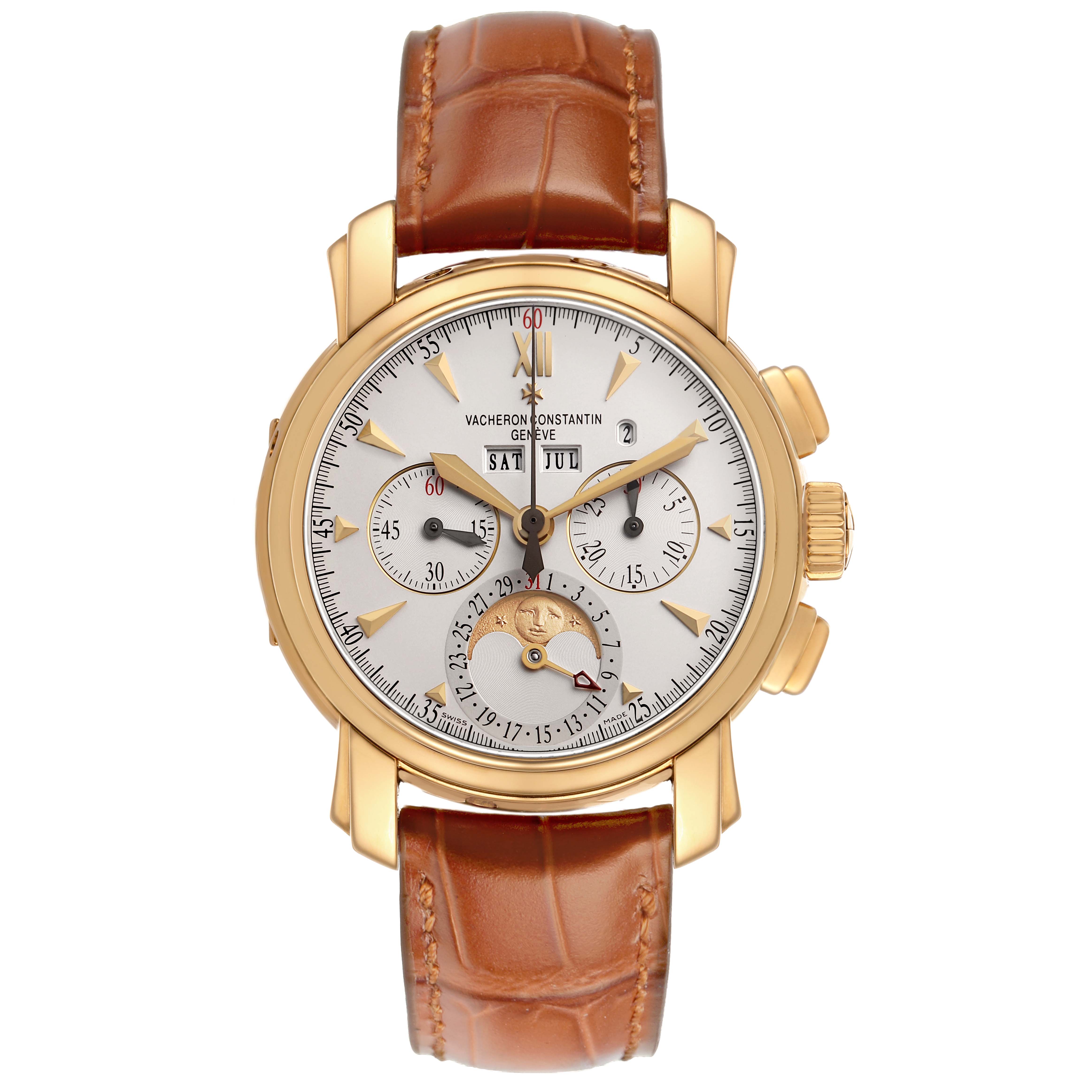 The Vacheron Constantin Malte 47112/000J Men's Yellow Gold Silver Dial watch is shown from the front, displaying its round dial, gold case, and brown leather strap.