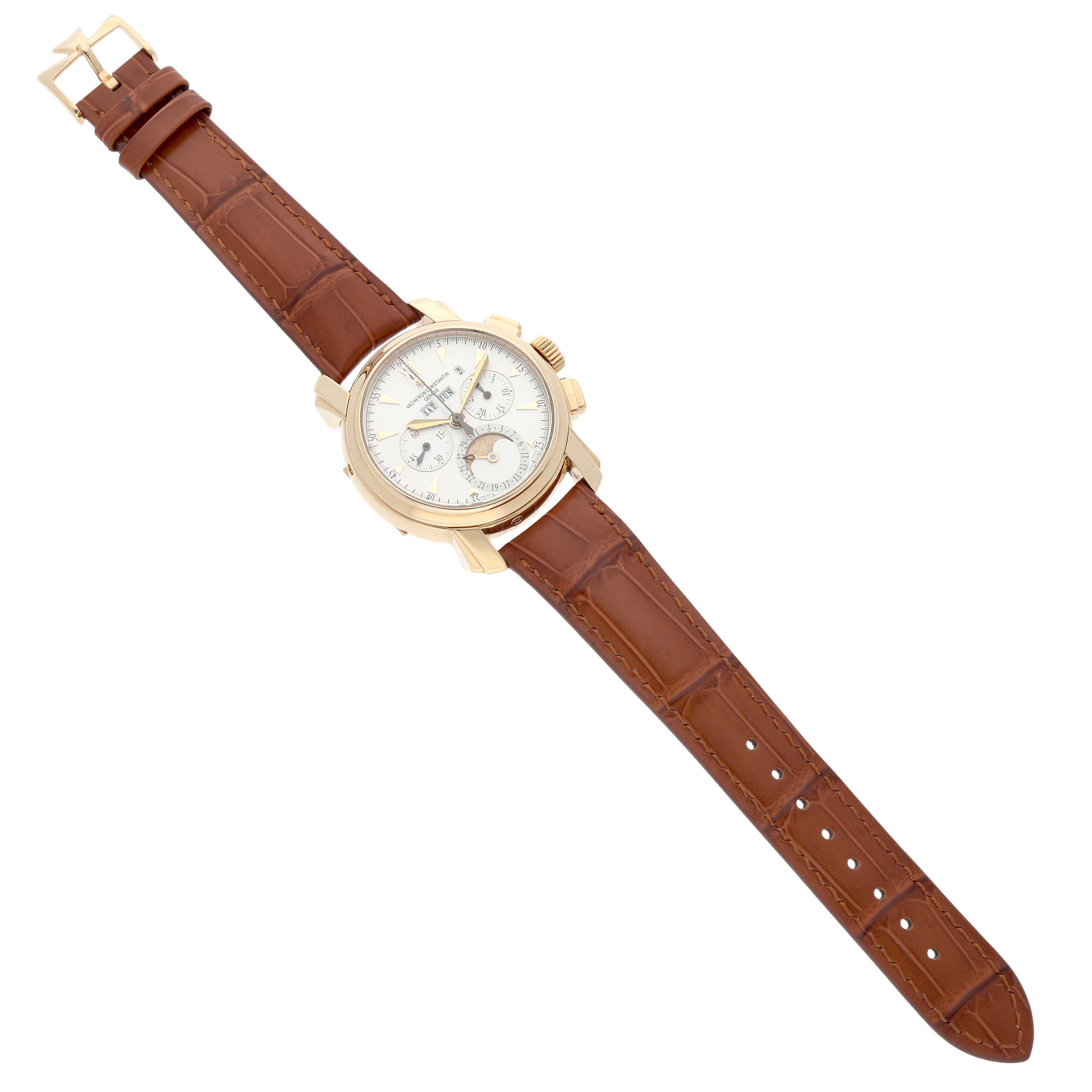 The Vacheron Constantin Malte 47112/000J Men's Yellow Gold Silver Dial watch is shown from above, displaying its face, case, crown, and brown leather strap.
