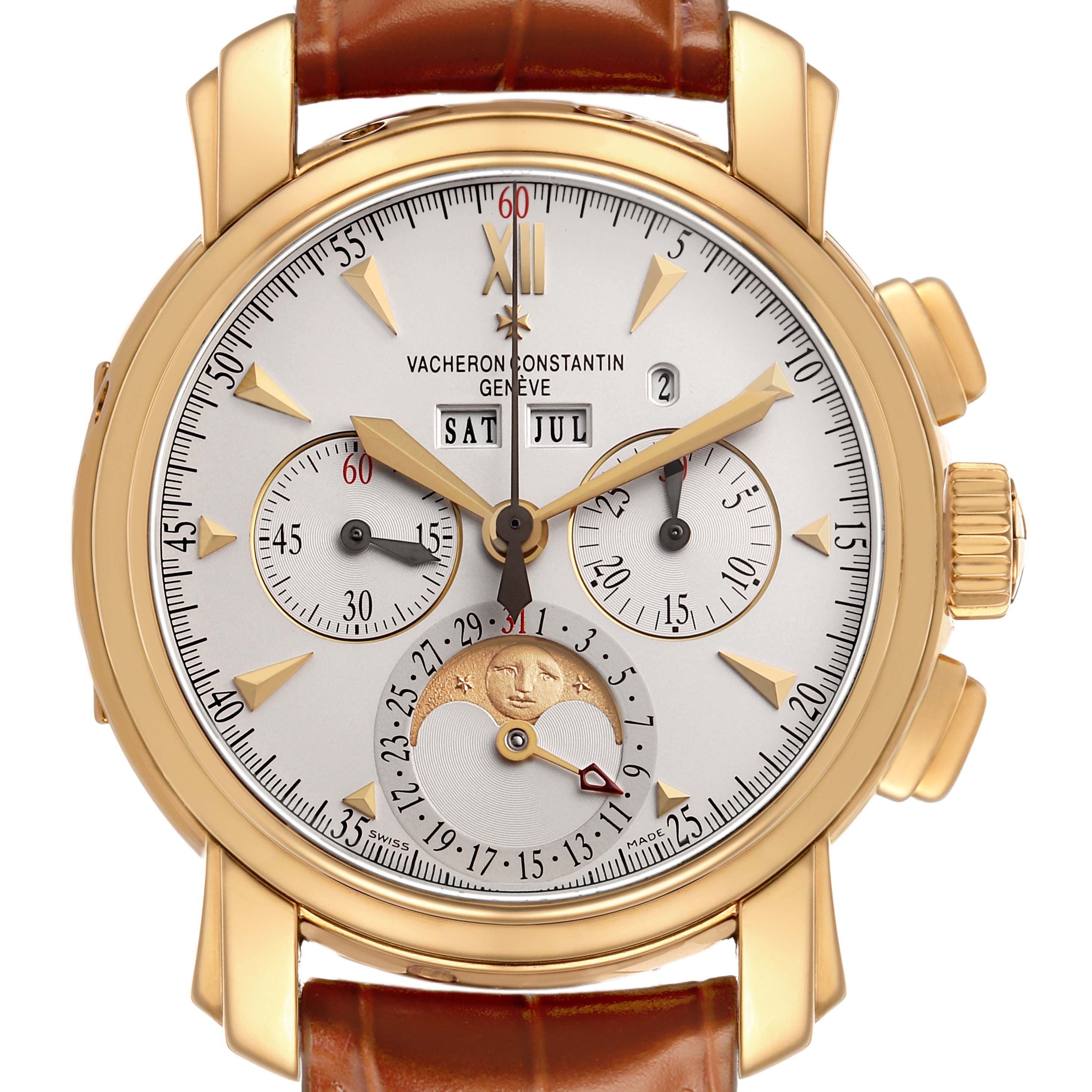The Vacheron Constantin Malte 47112/000J Men's Yellow Gold Silver Dial watch is shown from a front angle, highlighting its dial, subdials, and gold case.