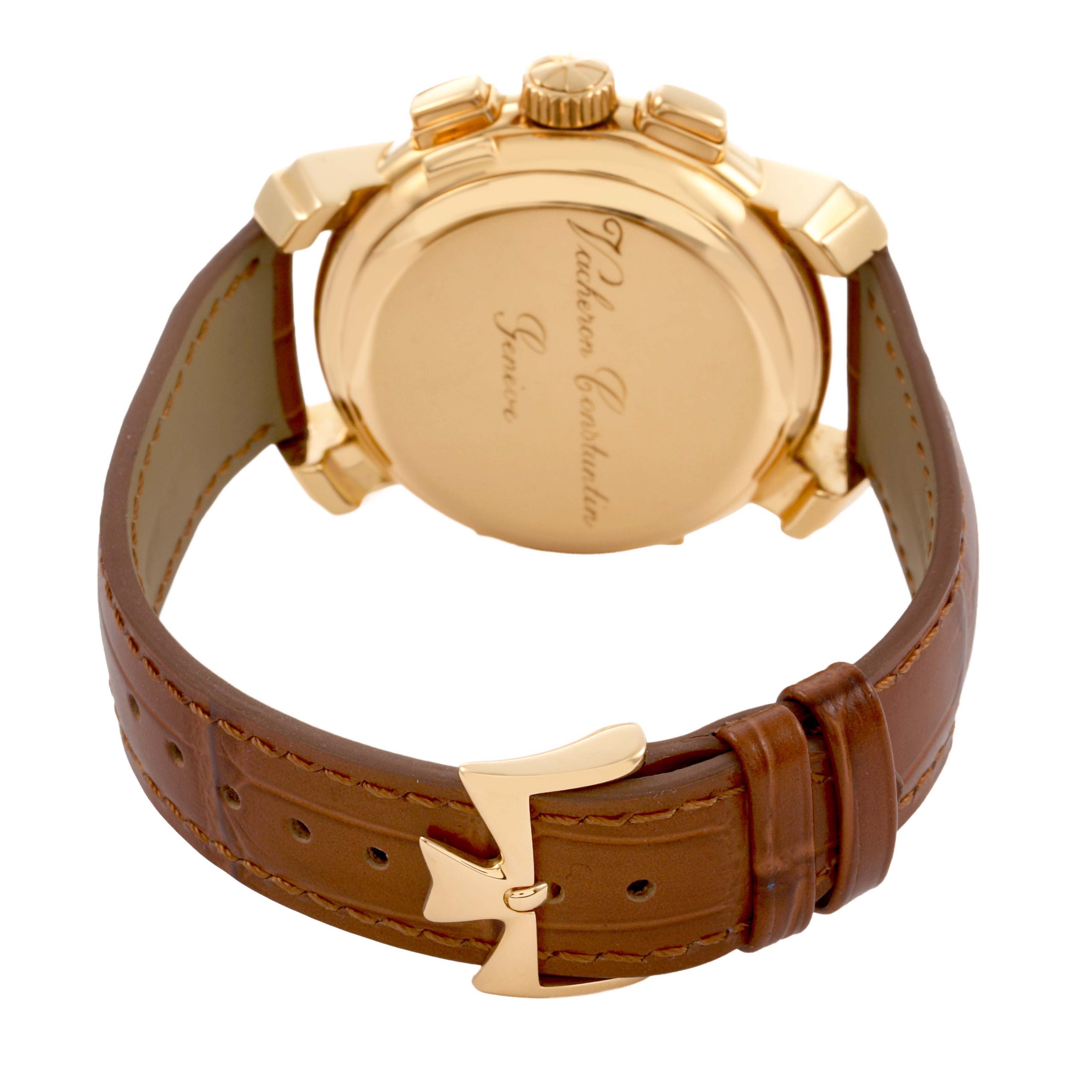 The image shows the back view of the Vacheron Constantin Malte 47112/000J Men's Yellow Gold Silver Dial watch, featuring its case back, crown, pushers, and leather strap with a gold buckle.