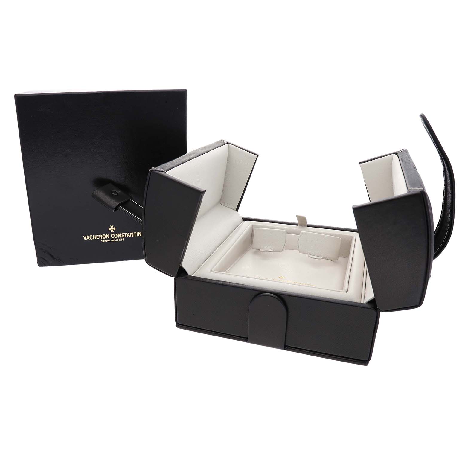 The image shows an open Vacheron Constantin Malte 47112/000J Men's Yellow Gold Silver Dial watch box, revealing the interior compartments for the watch.