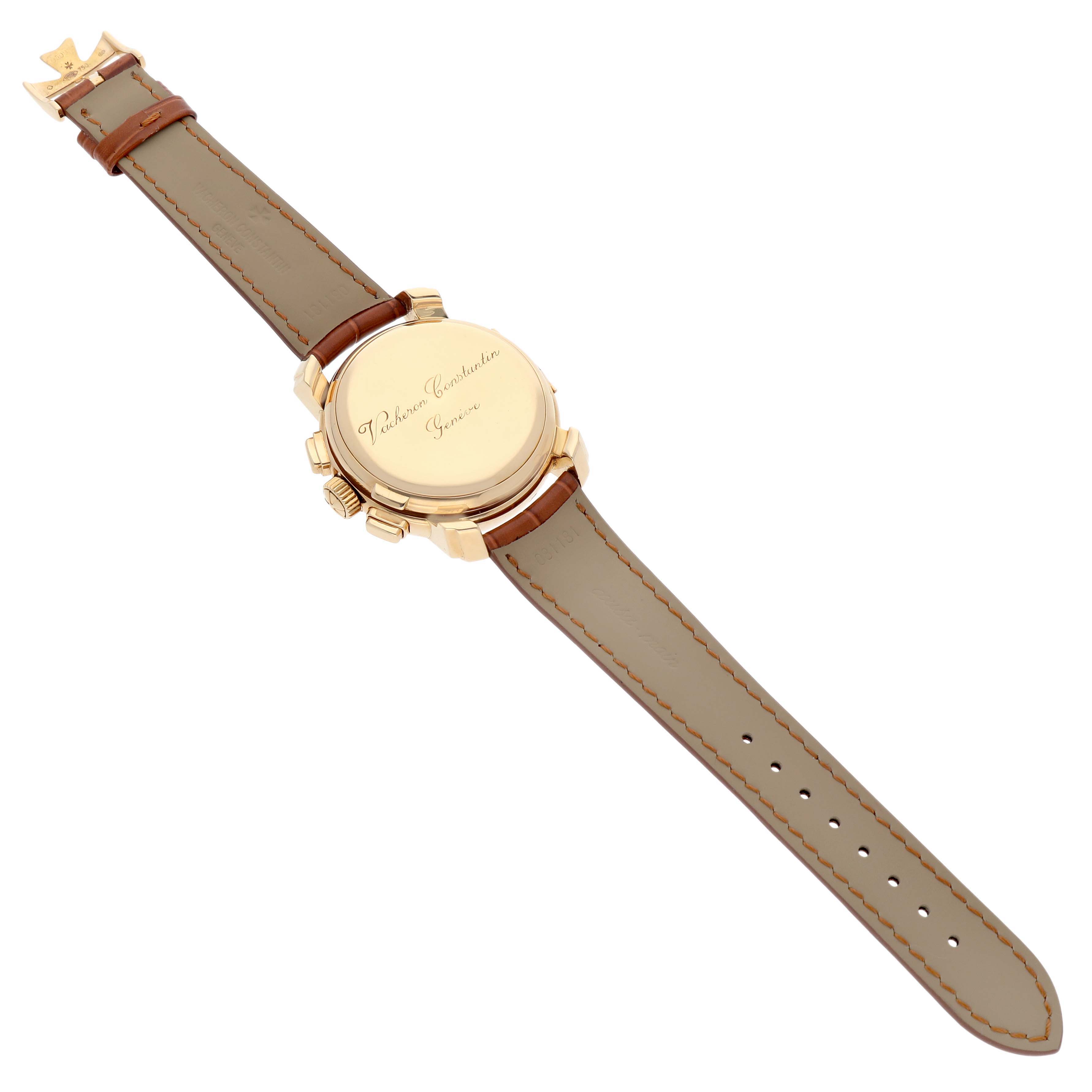 The Vacheron Constantin Malte 47112/000J Men's Yellow Gold Silver Dial watch is shown from the back, displaying its case back, leather strap, and buckle.
