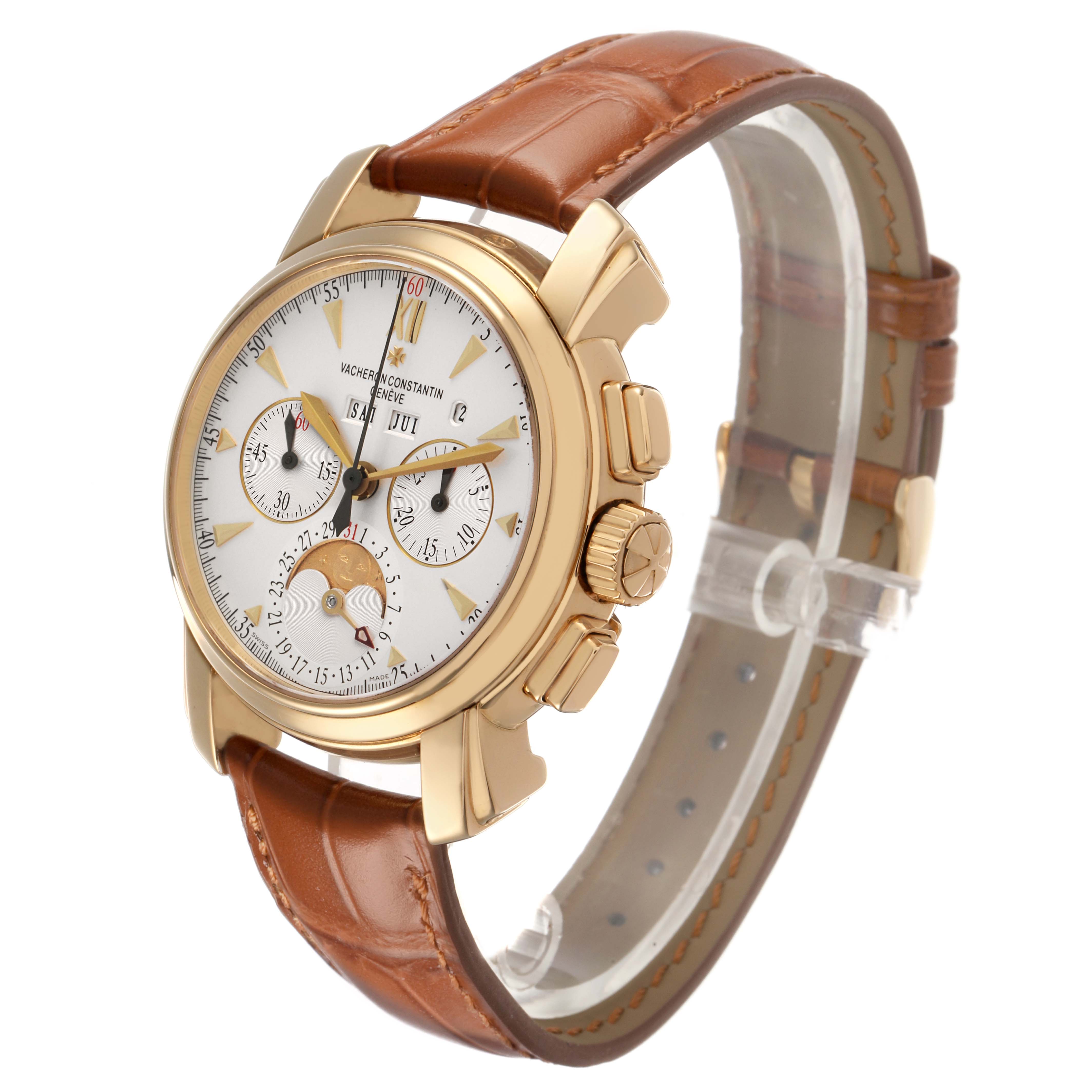 The Vacheron Constantin Malte 47112/000J Men's Yellow Gold Silver Dial watch is shown at a three-quarter angle, highlighting the gold case, subdials, crown, and leather strap.