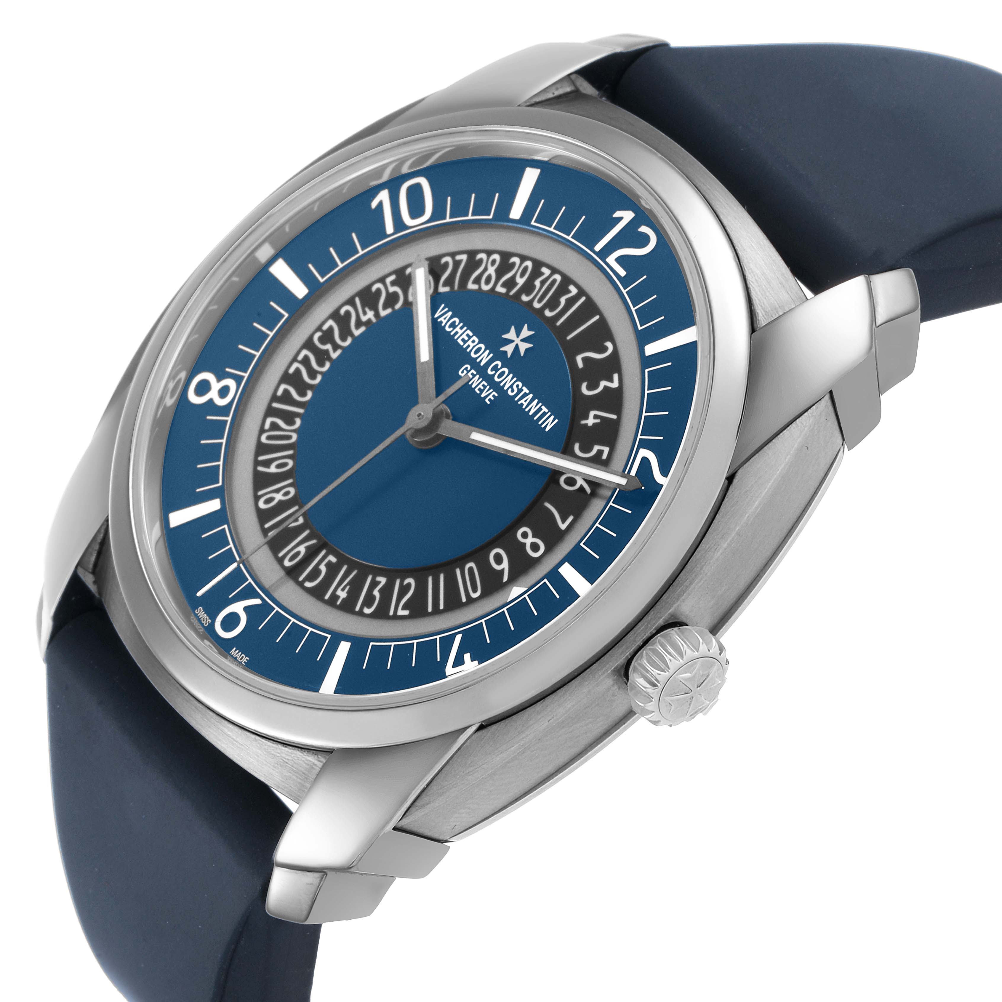 The Vacheron Constantin Quai de l'Ile watch is shown at a slight side angle, highlighting the dial, bezel, case, and crown.
