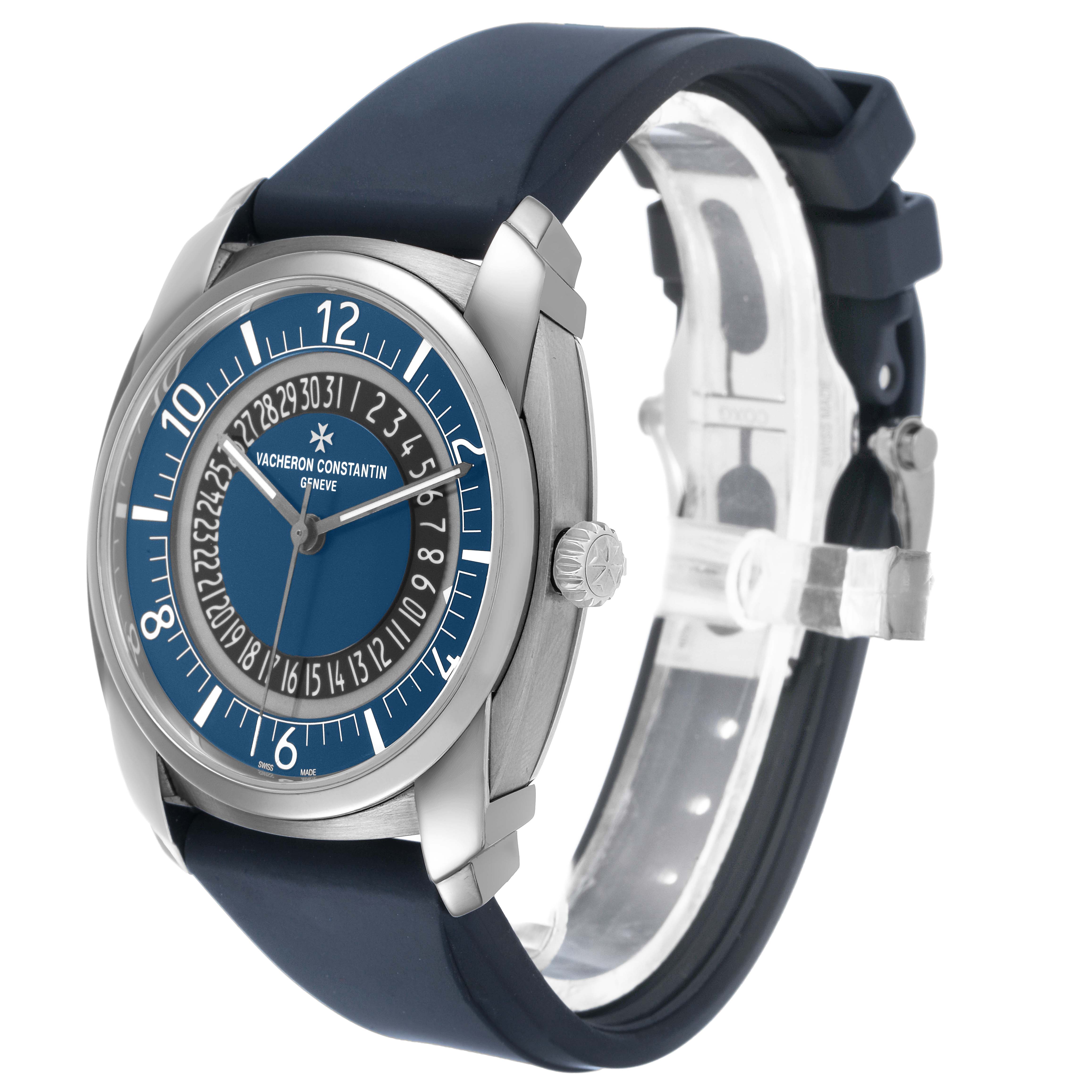The Quai de l'Ile by Vacheron Constantin is displayed at a slight angle, showing the face, bezel, crown, and blue strap.