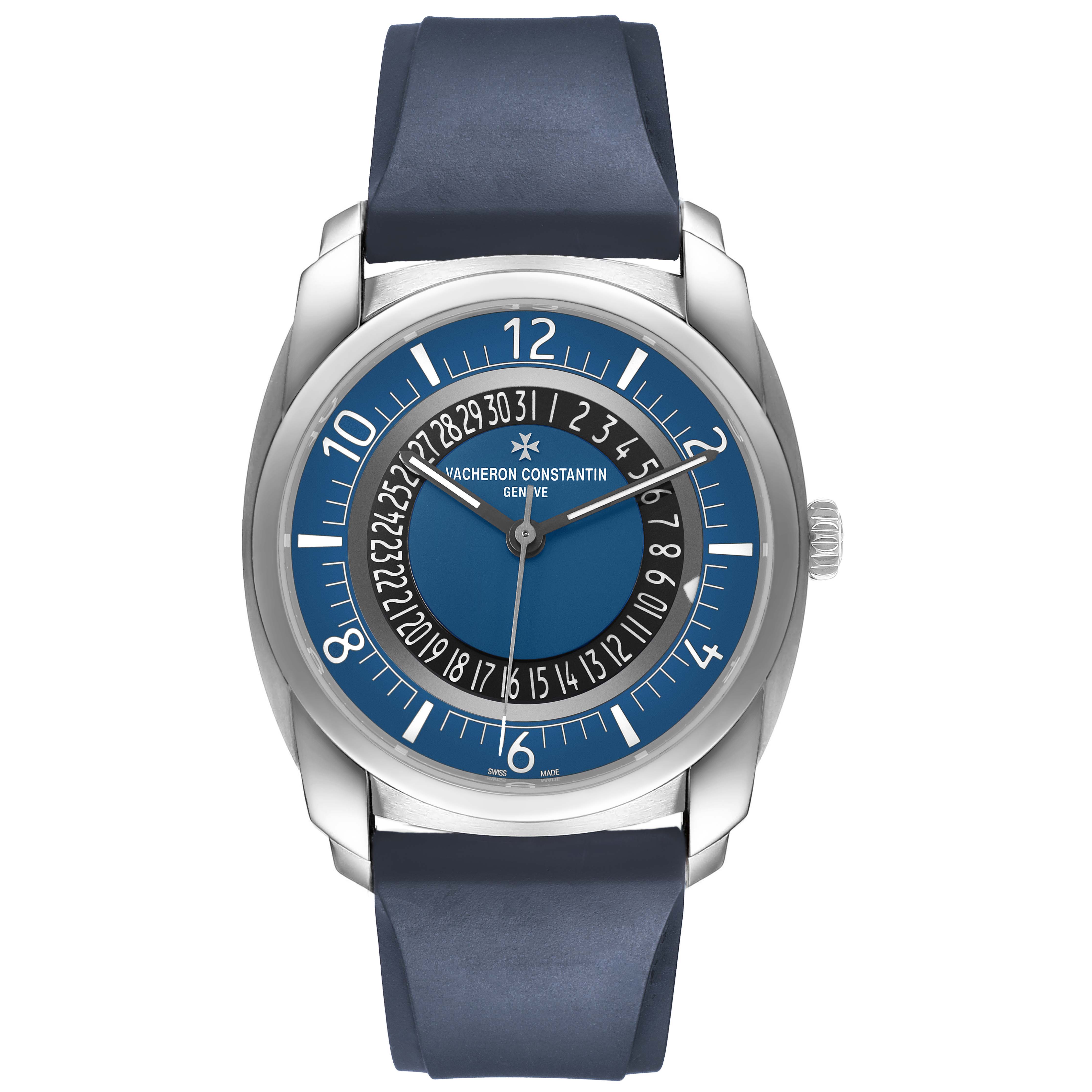 The Vacheron Constantin Quai de L'ile watch is shown from the front, featuring a blue dial and silver casing with a blue strap.