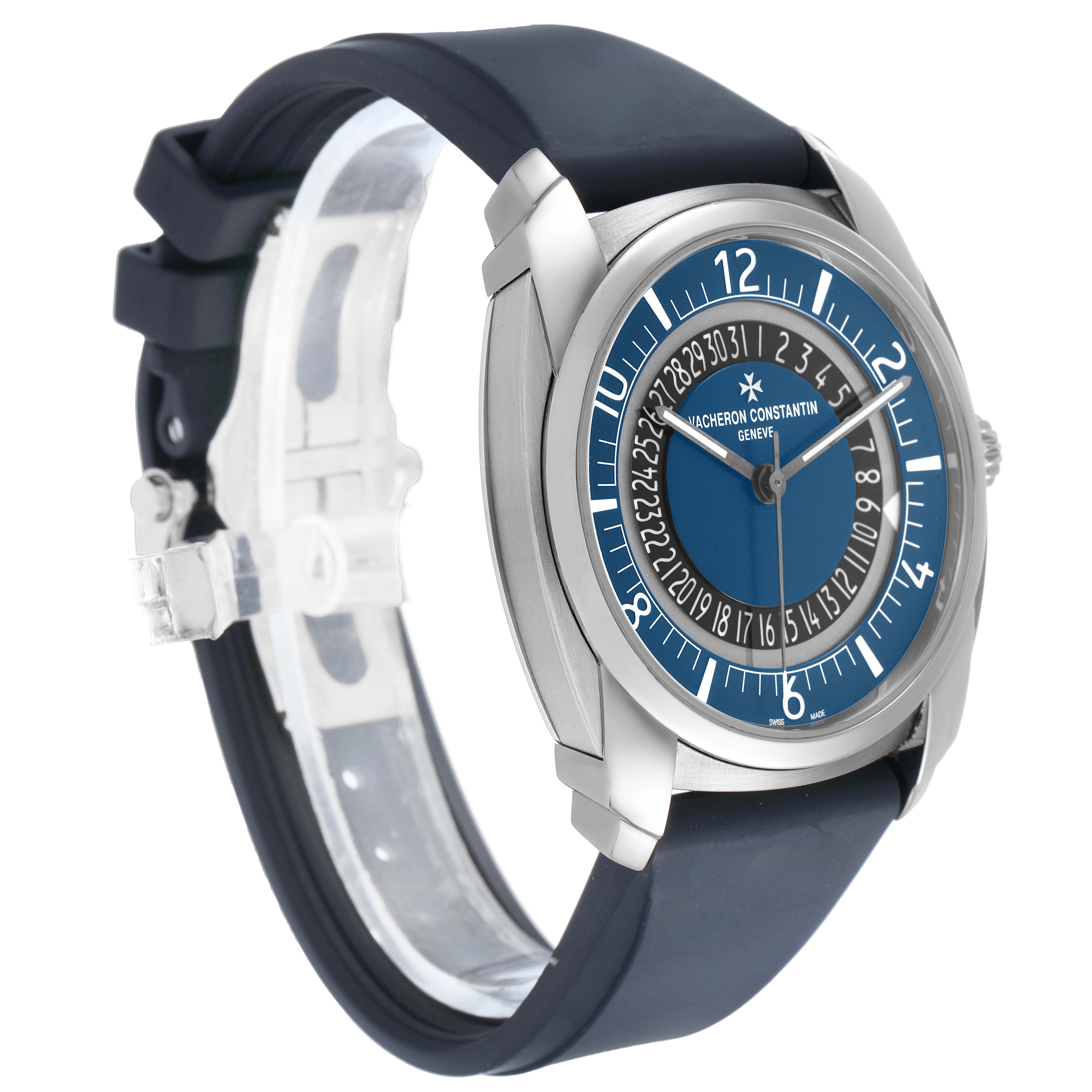 The image shows a Vacheron Constantin Quai de l'Ile watch at a three-quarter angle, highlighting the dial, case, and strap.