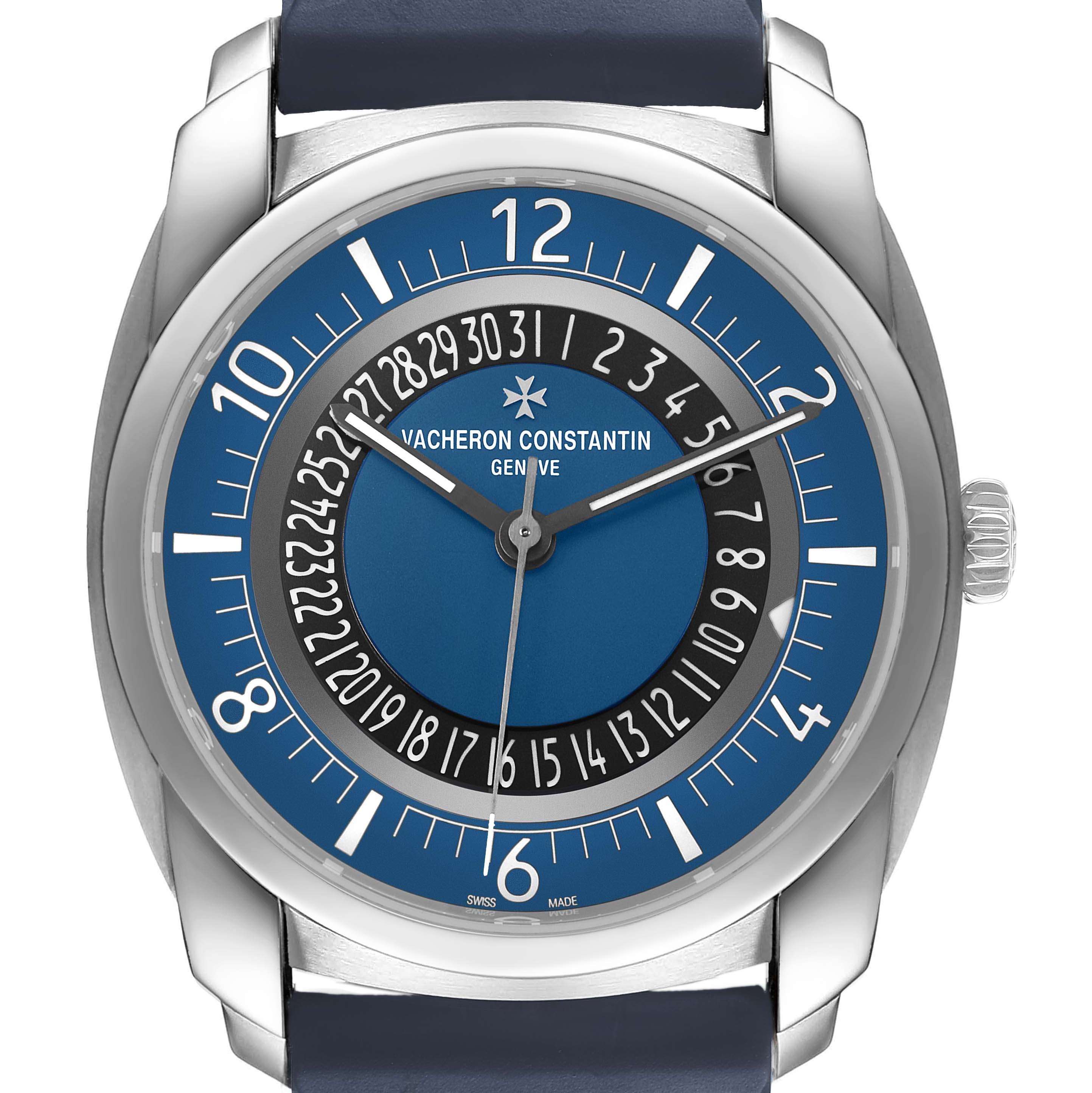 The Vacheron Constantin Quai de L'Ile watch is shown from a front angle, highlighting the dial, case, crown, and strap attachment.