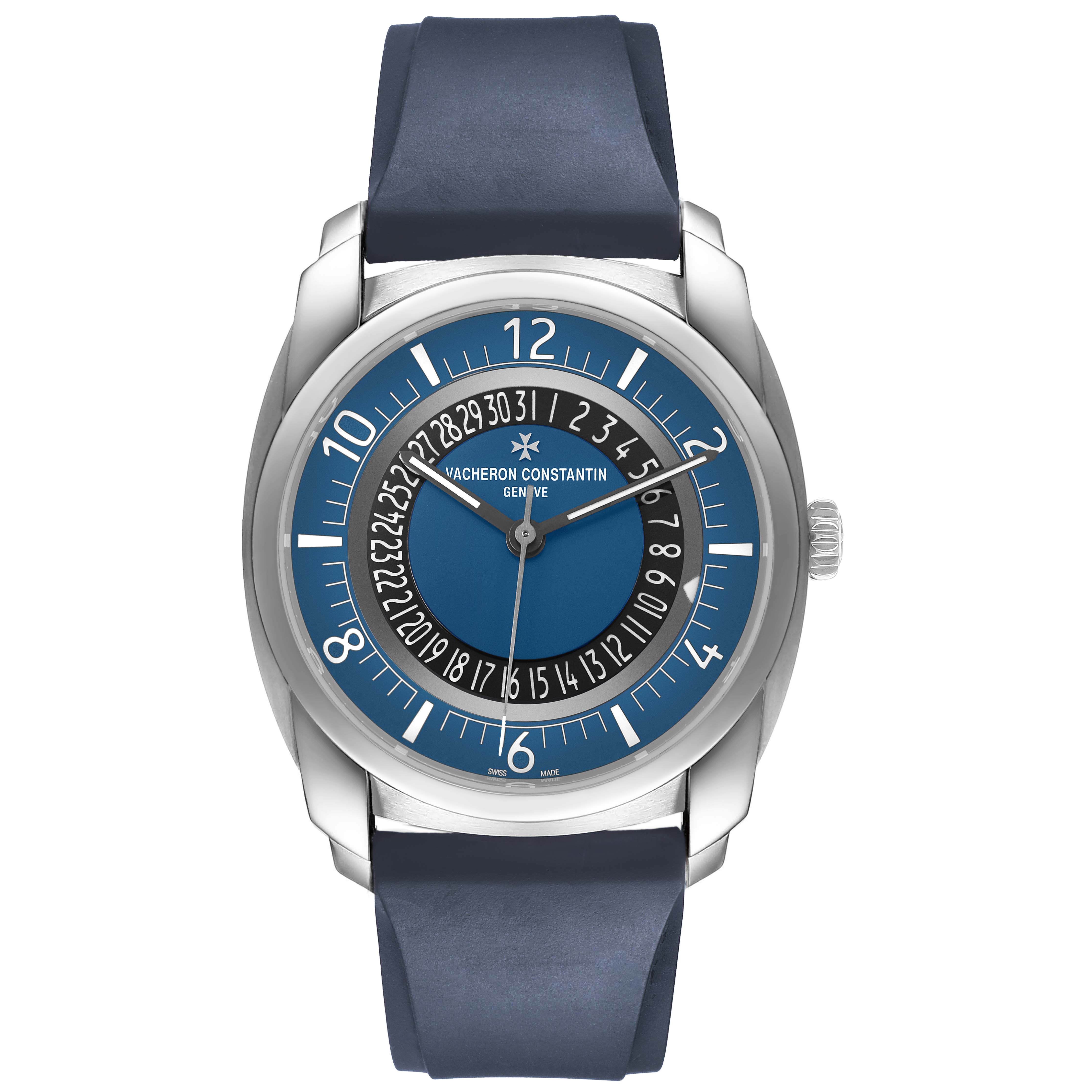 The Vacheron Constantin Quai de l'Ile watch is shown from the front, highlighting the dial, bezel, and blue strap.