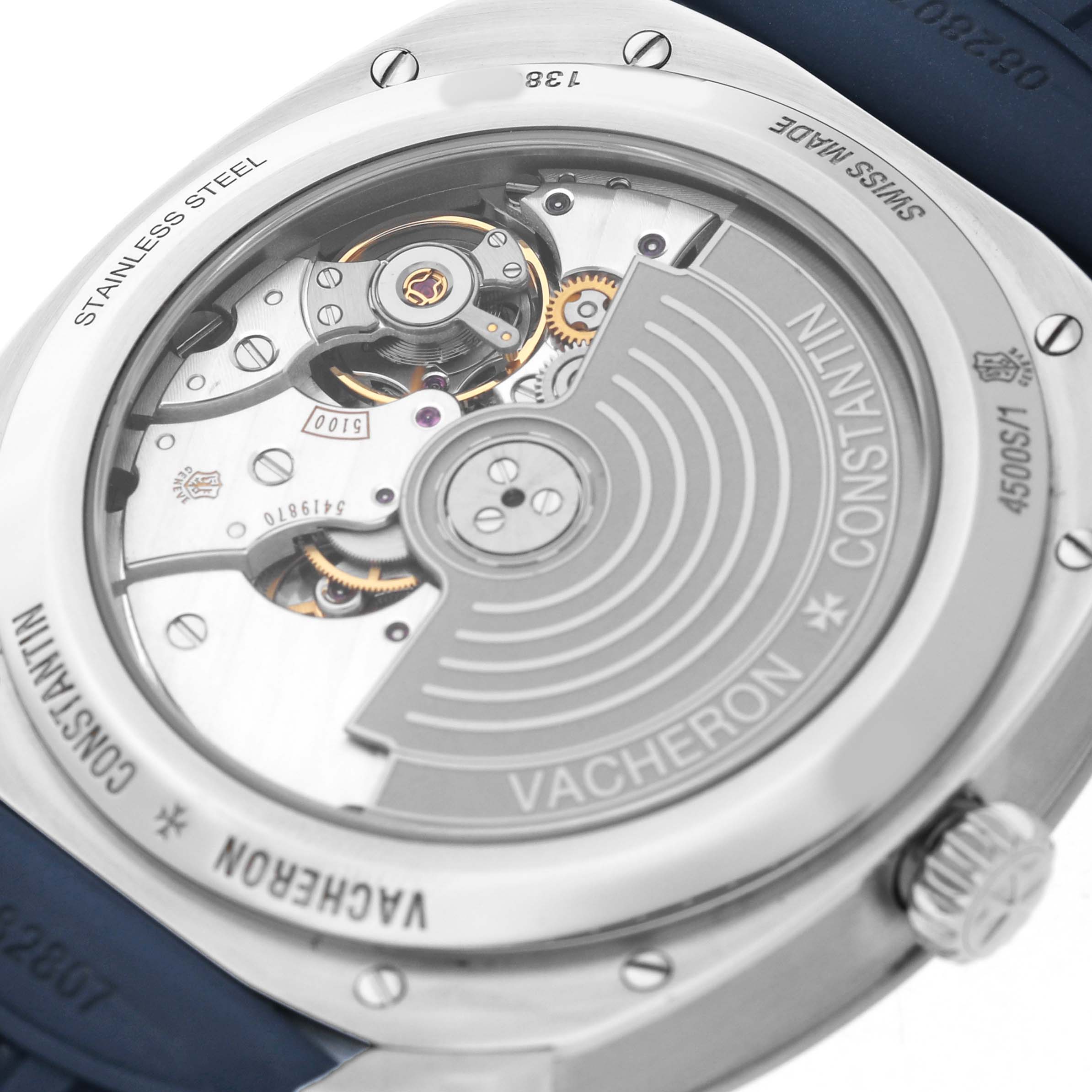 The image shows the back view of the Vacheron Constantin Quai de L'Ile watch, highlighting the movement and rotor.