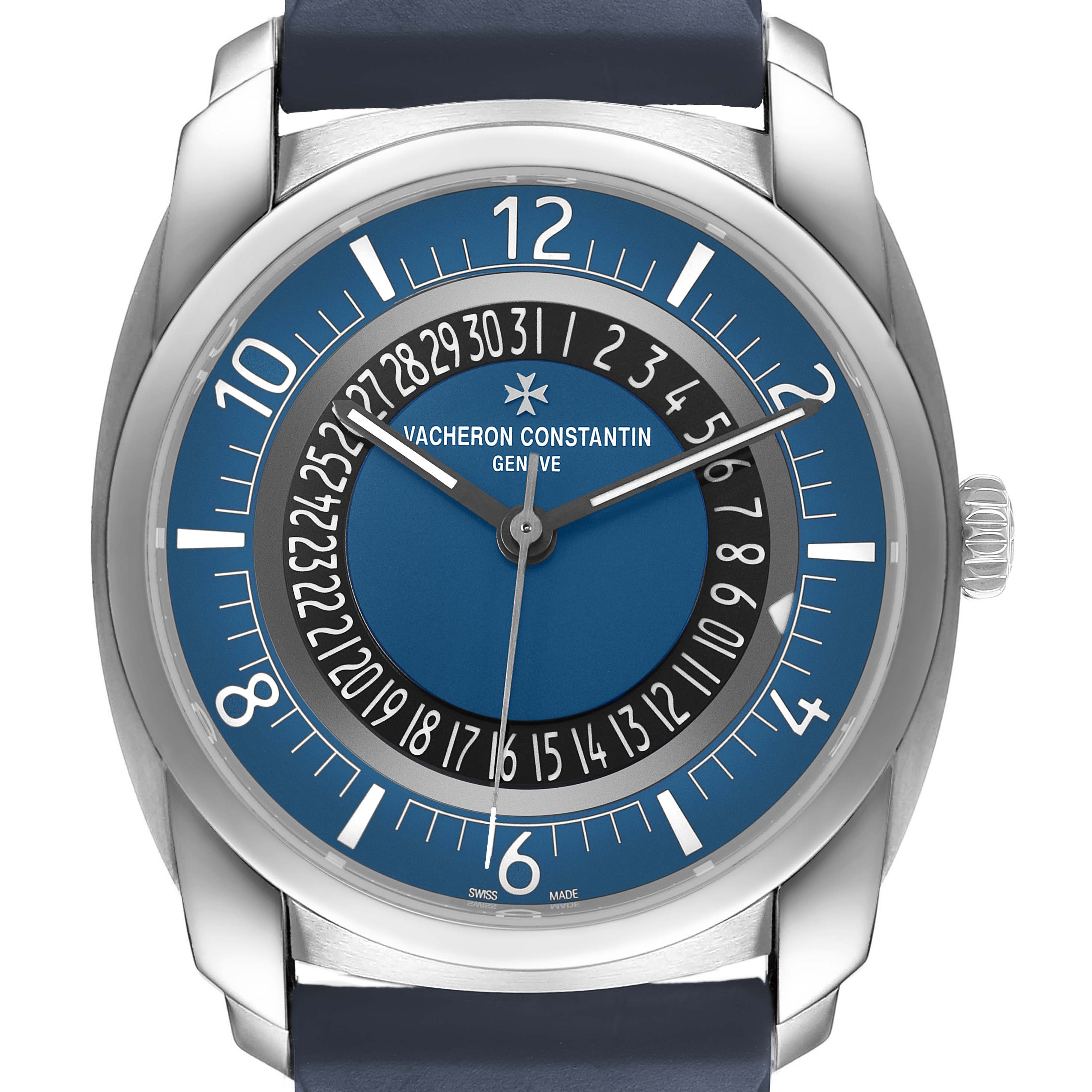 The image shows a front view of the Vacheron Constantin Quai de l’Ile watch, highlighting the dial, bezel, hands, and strap.
